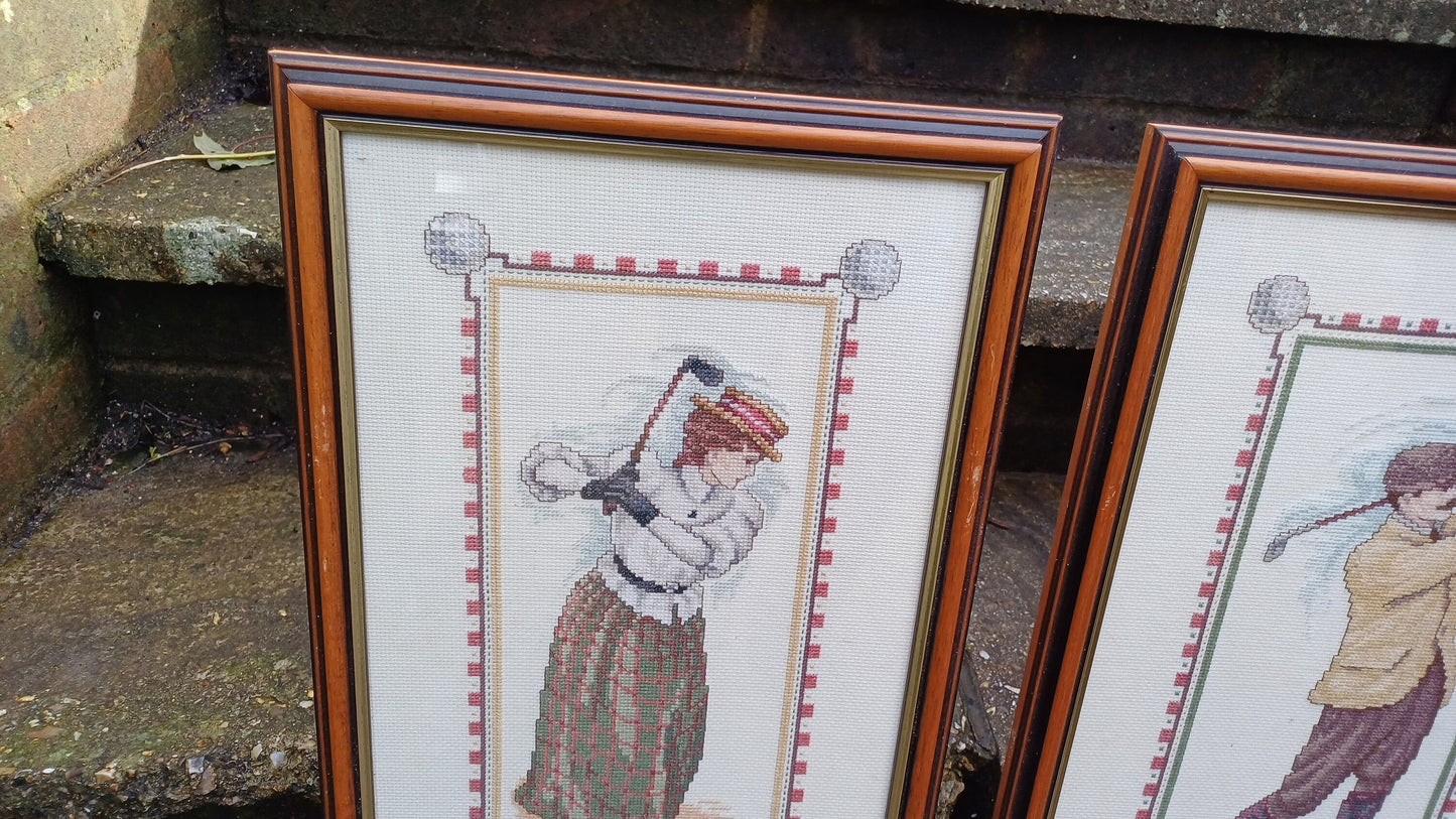Large Pair of Vintage Style Tapestry Golf Pictures Man and Woman Driving