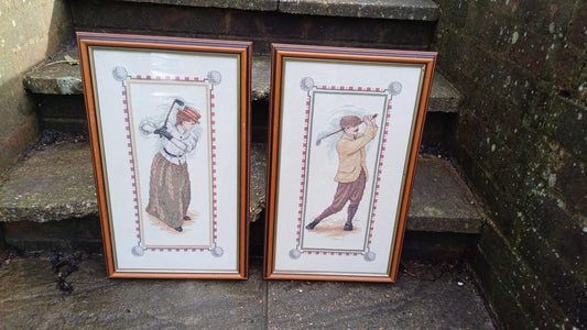 Large Pair of Vintage Style Tapestry Golf Pictures Man and Woman Driving