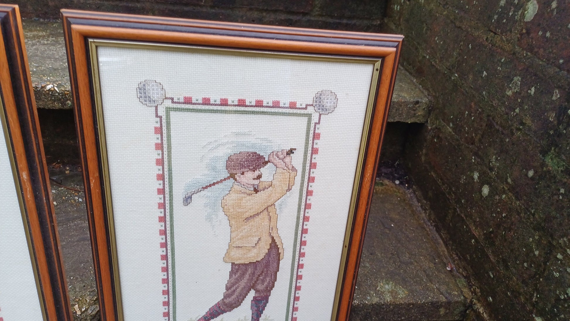 Large Pair of Vintage Style Tapestry Golf Pictures Man and Woman Driving