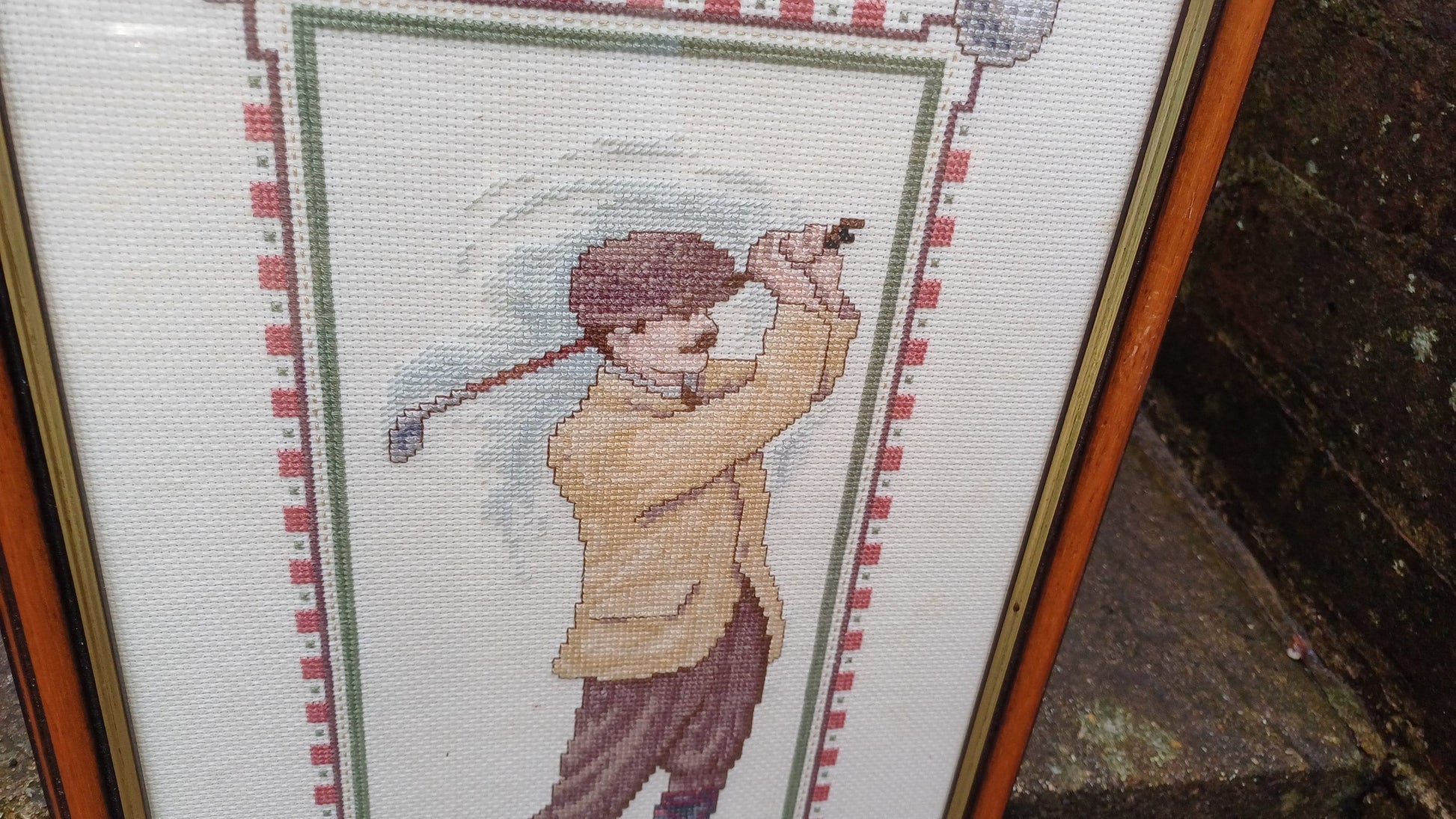 Large Pair of Vintage Style Tapestry Golf Pictures Man and Woman Driving