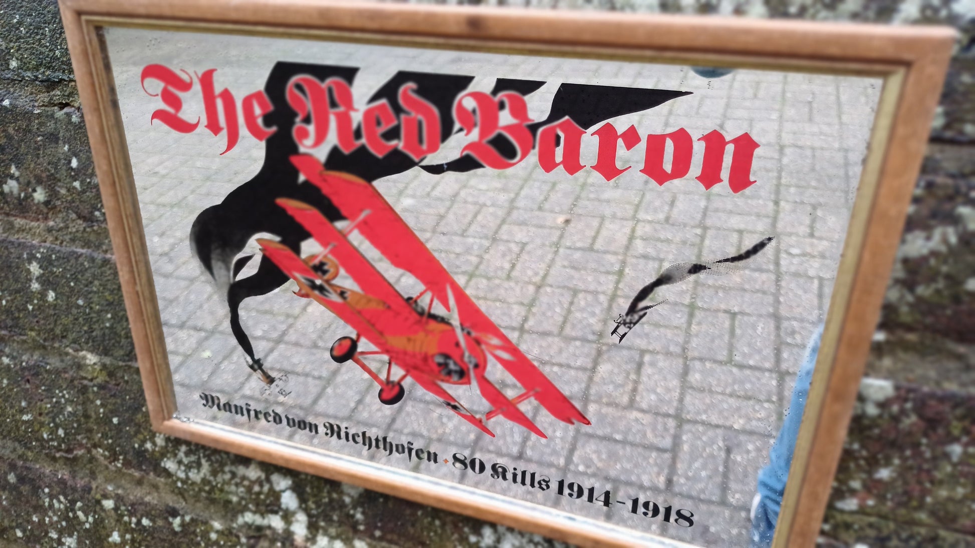 Classic 70s Retro 'The Red Baron' Richthofen Aeroplane WW1 Mirror. Wooden Frame.