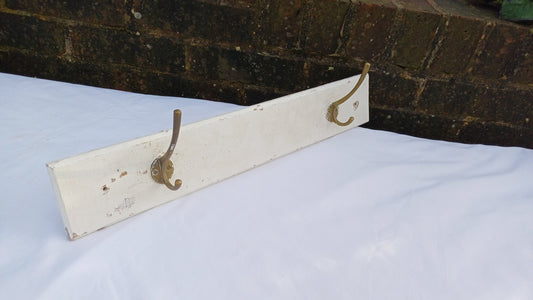 Vintage Painted Shabby Chic Wood and Brass Coat Hooks Bathroom Bedroom Hallway