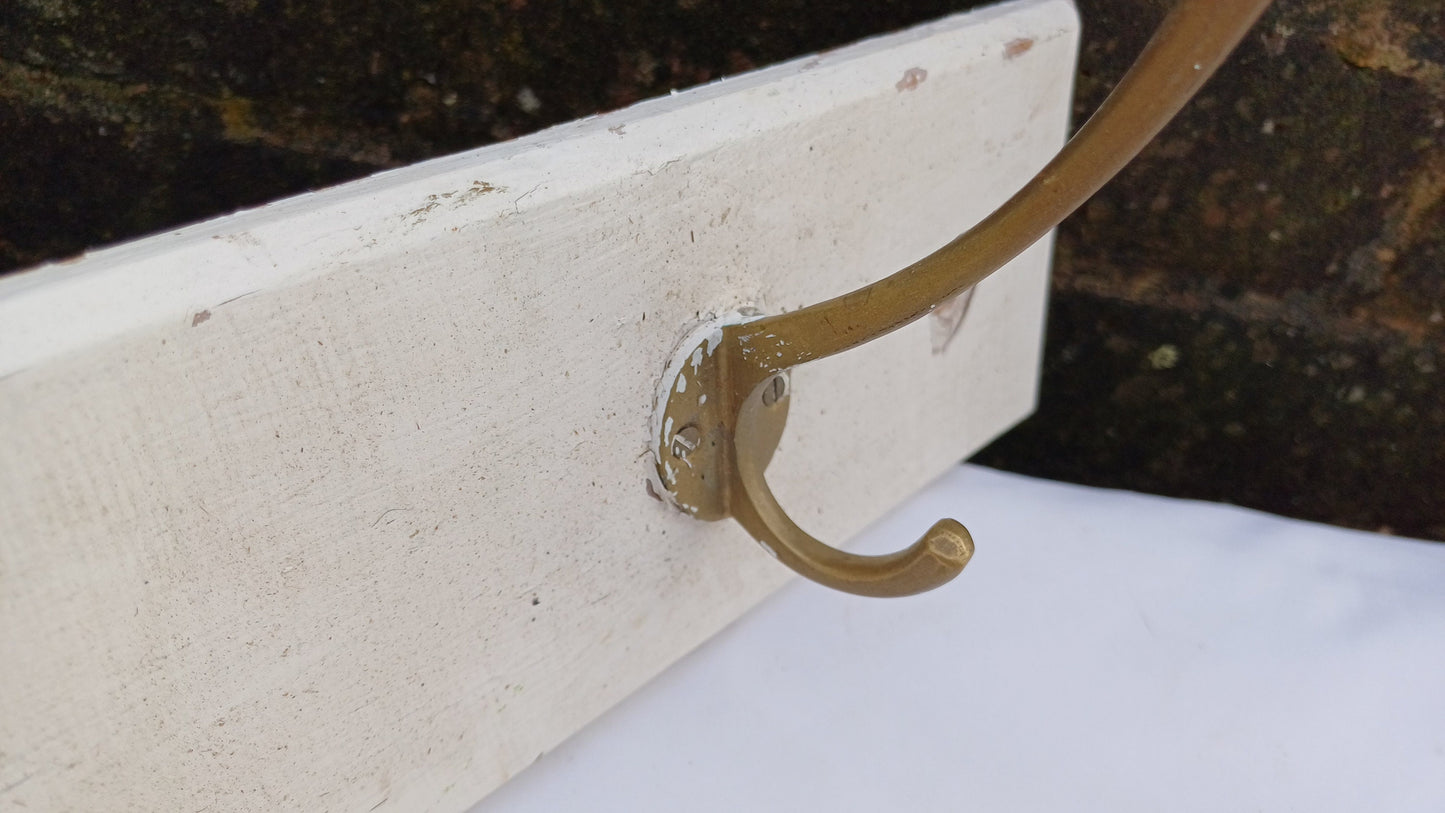 Vintage Painted Shabby Chic Wood and Brass Coat Hooks Bathroom Bedroom Hallway