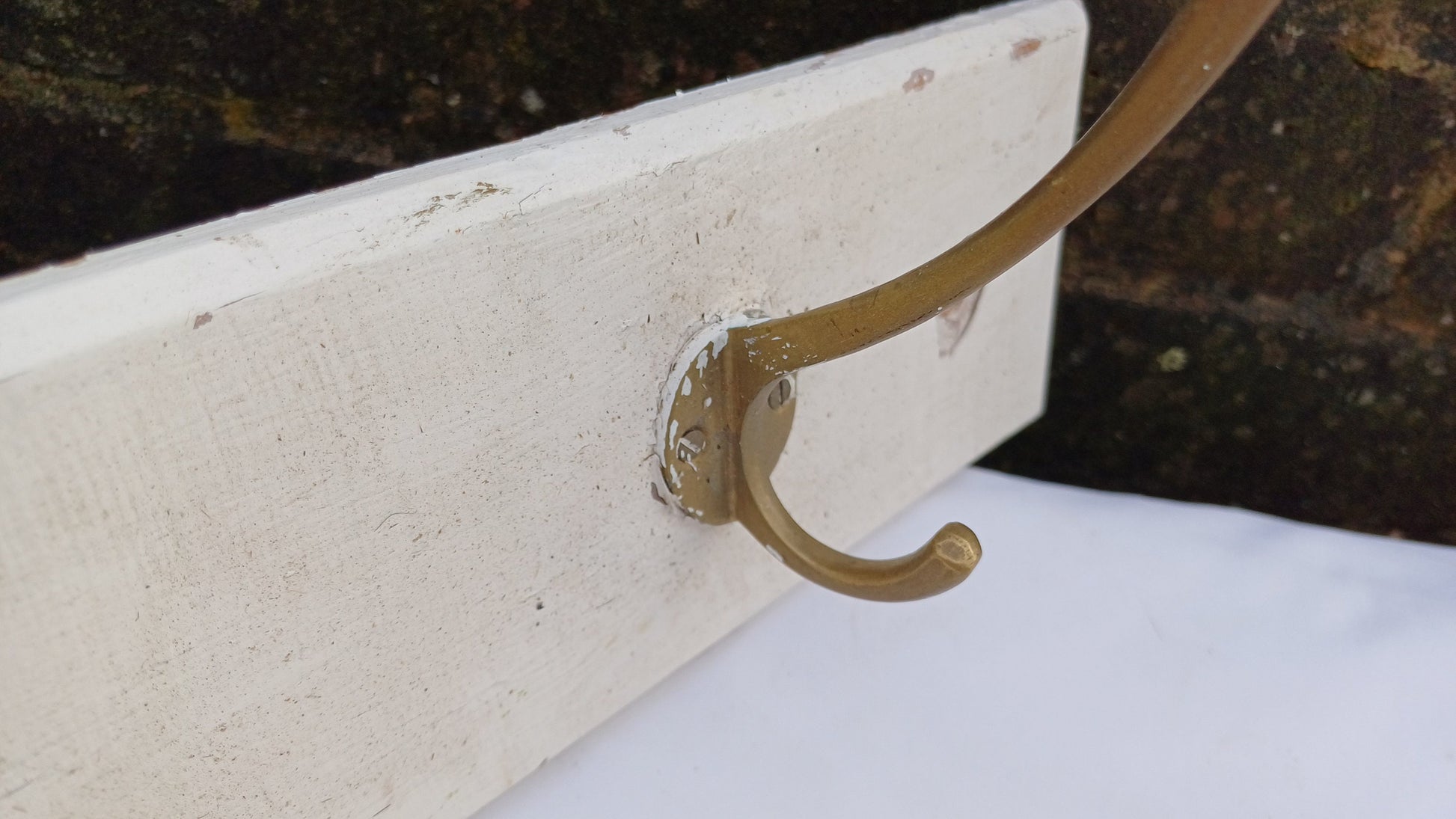 Vintage Painted Shabby Chic Wood and Brass Coat Hooks Bathroom Bedroom Hallway