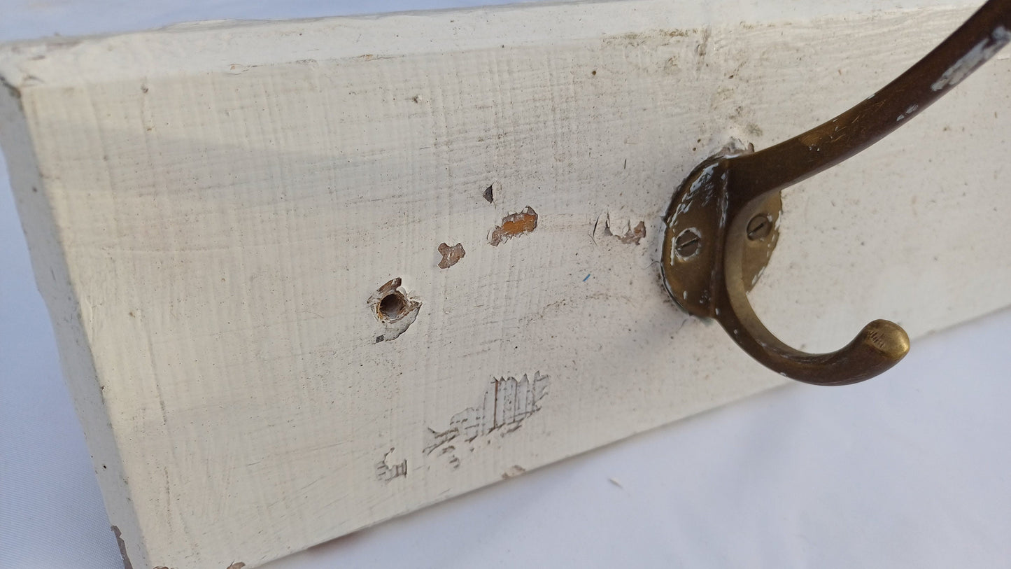 Vintage Painted Shabby Chic Wood and Brass Coat Hooks Bathroom Bedroom Hallway