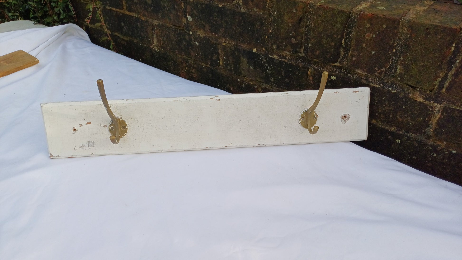 Vintage Painted Shabby Chic Wood and Brass Coat Hooks Bathroom Bedroom Hallway