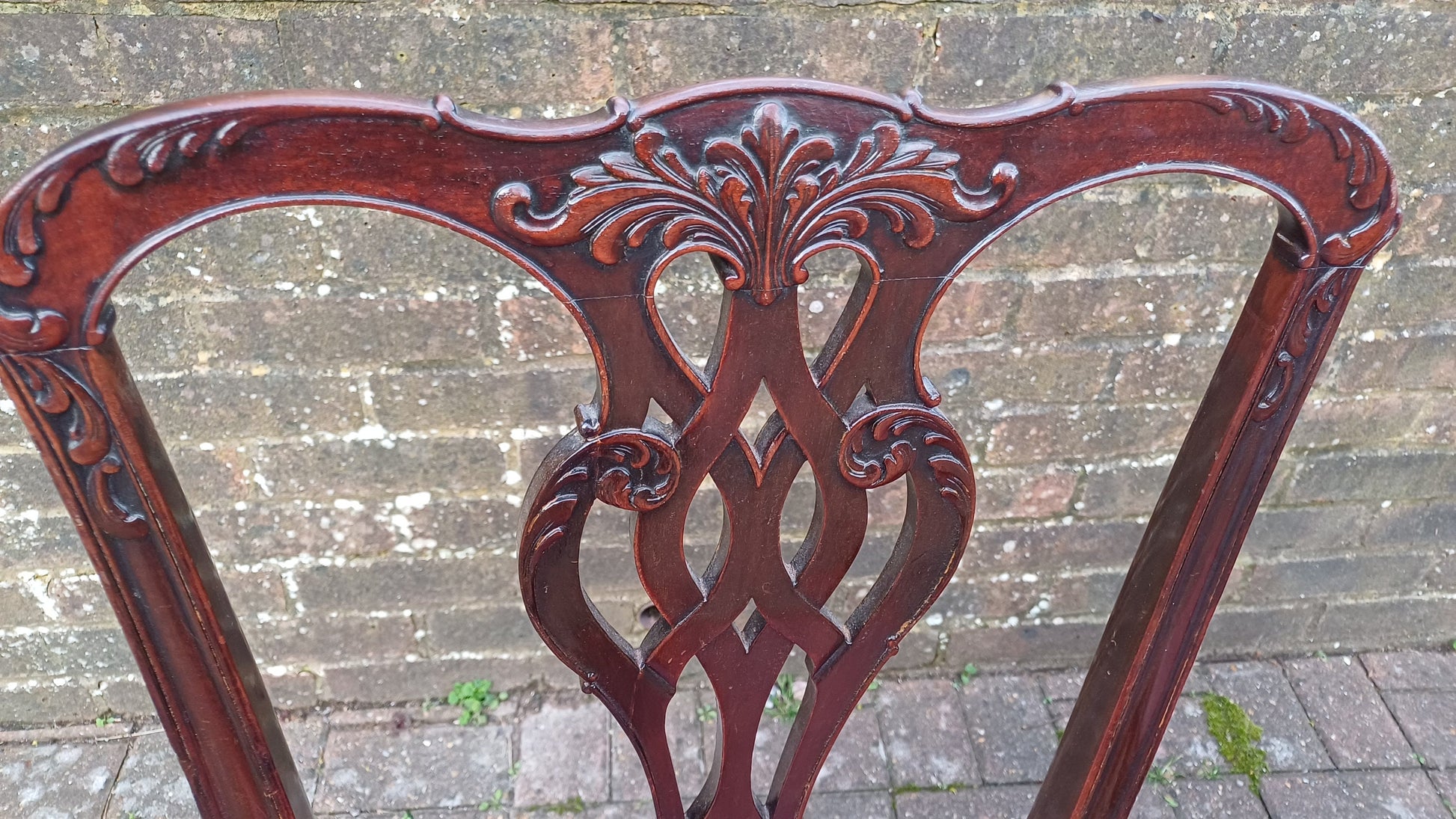 Pair of Vintage Late Victorian Carved Mahogany Chairs Red Leatherette Seats.