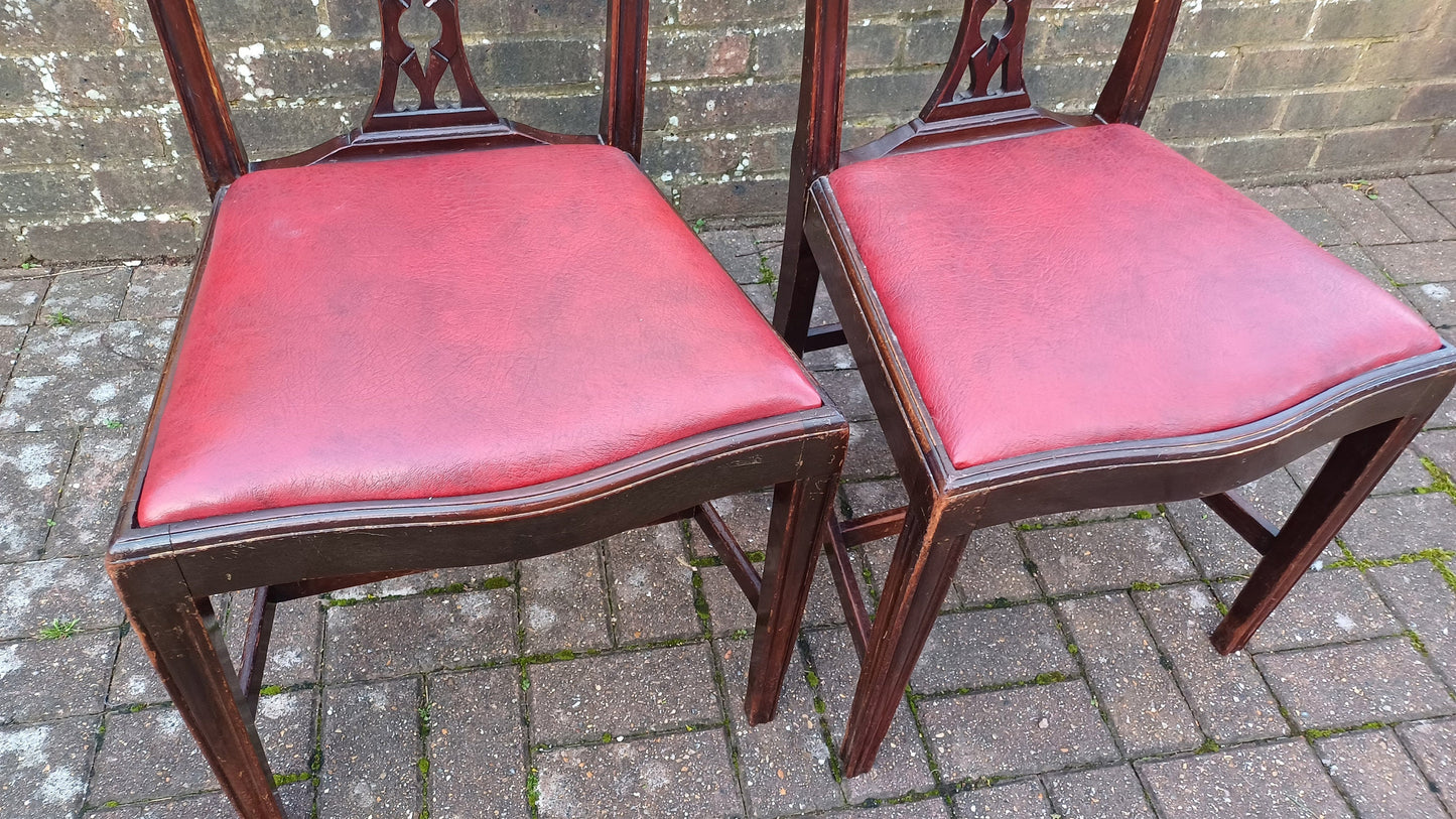 Pair of Vintage Late Victorian Carved Mahogany Chairs Red Leatherette Seats.