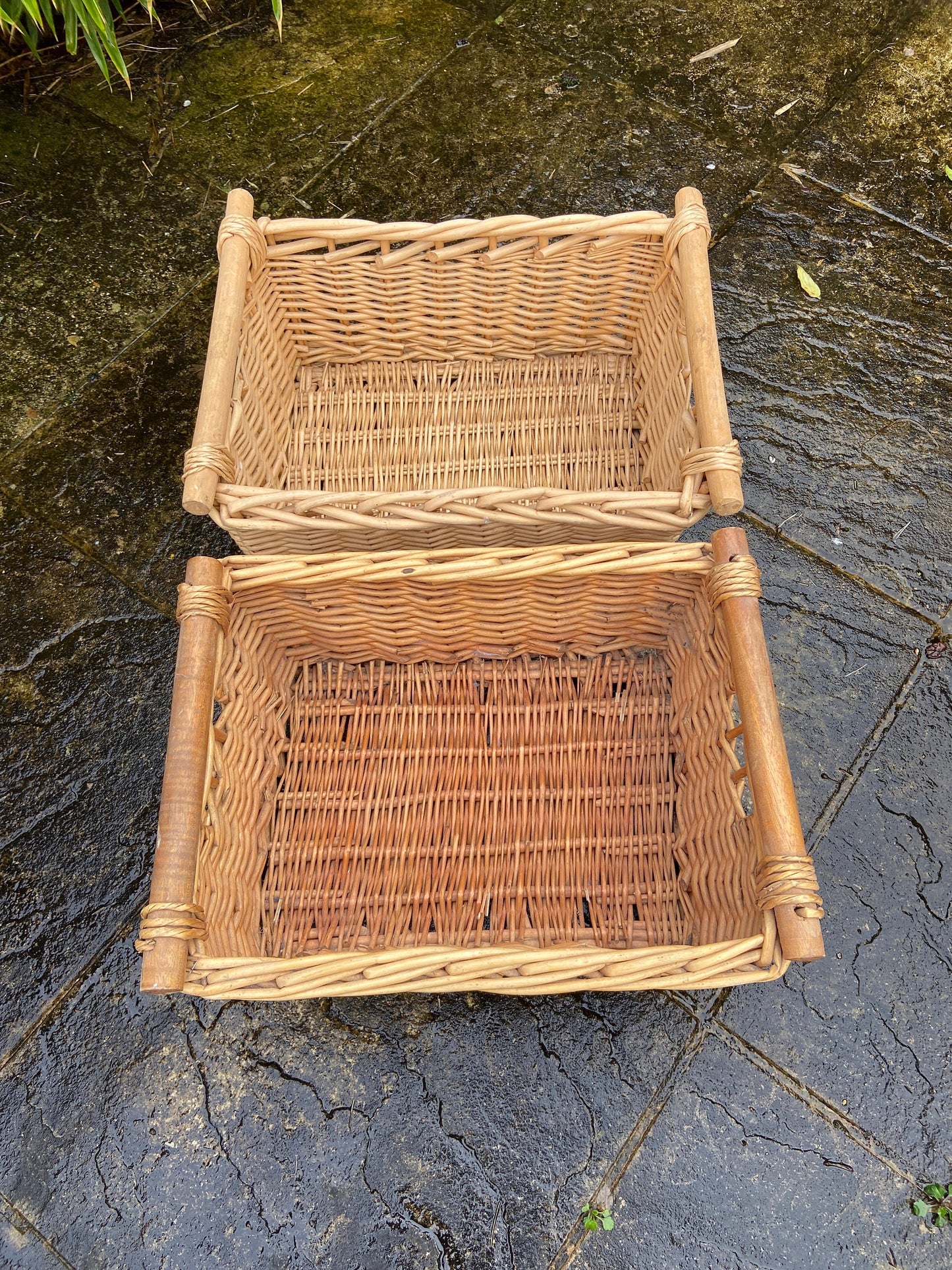 Three vintage wicker cane storage baskets - multi purpose bathroom, under bed, kitchen, cupboard - good sizes - great condition
