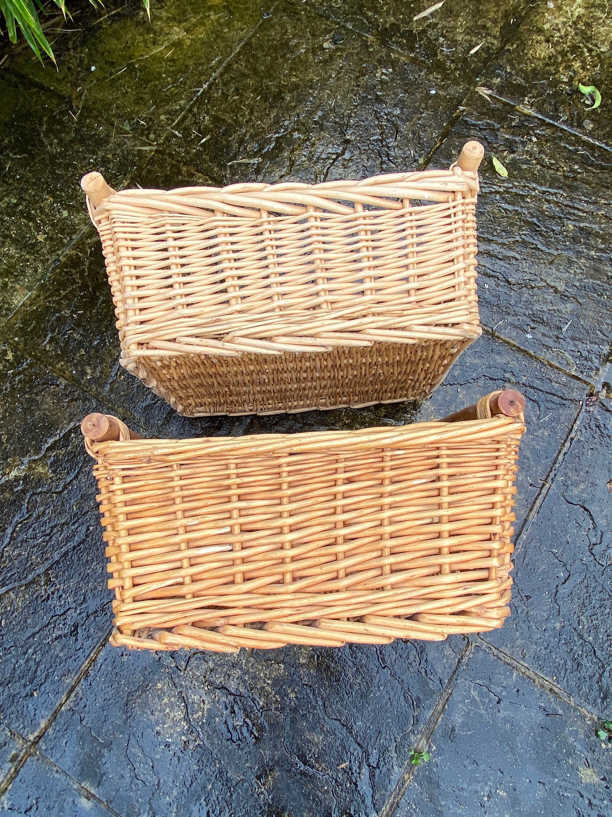 Three vintage wicker cane storage baskets - multi purpose bathroom, under bed, kitchen, cupboard - good sizes - great condition
