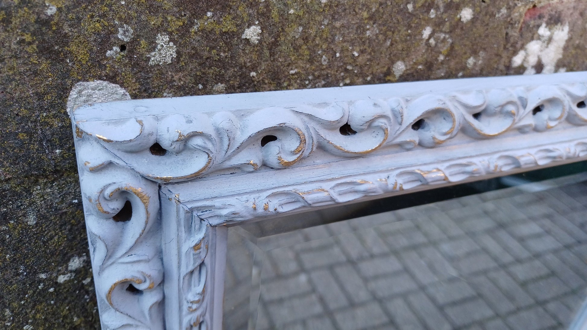 Vintage Hand Painted Retro Grey and Gold Wall Mirror Unique Bespoke Bevelled, Hangs Either Way