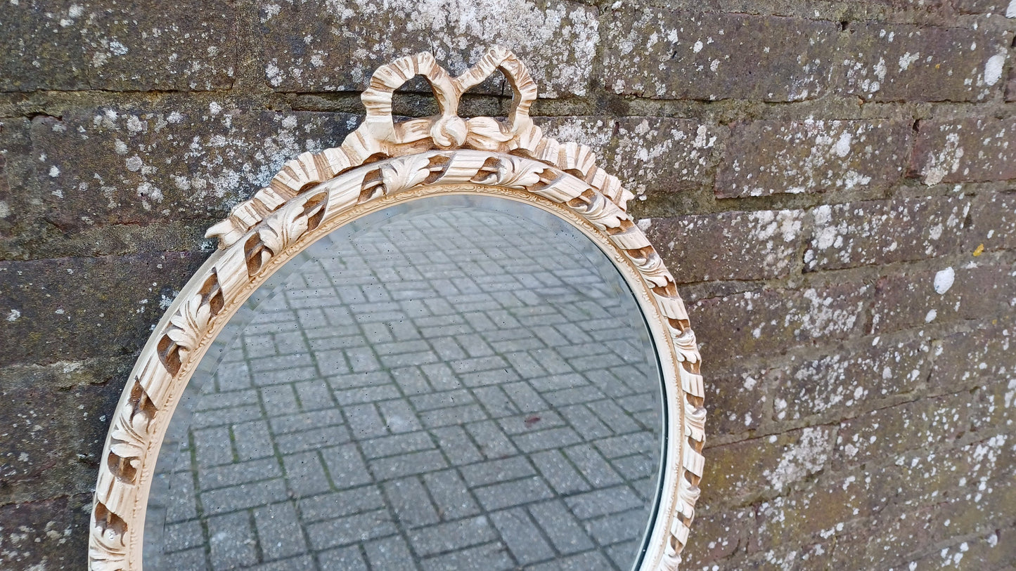 Large Vintage Oval 50s or 60s Painted Cream and God Oval Wall Mirror. Ribbon Decoration.