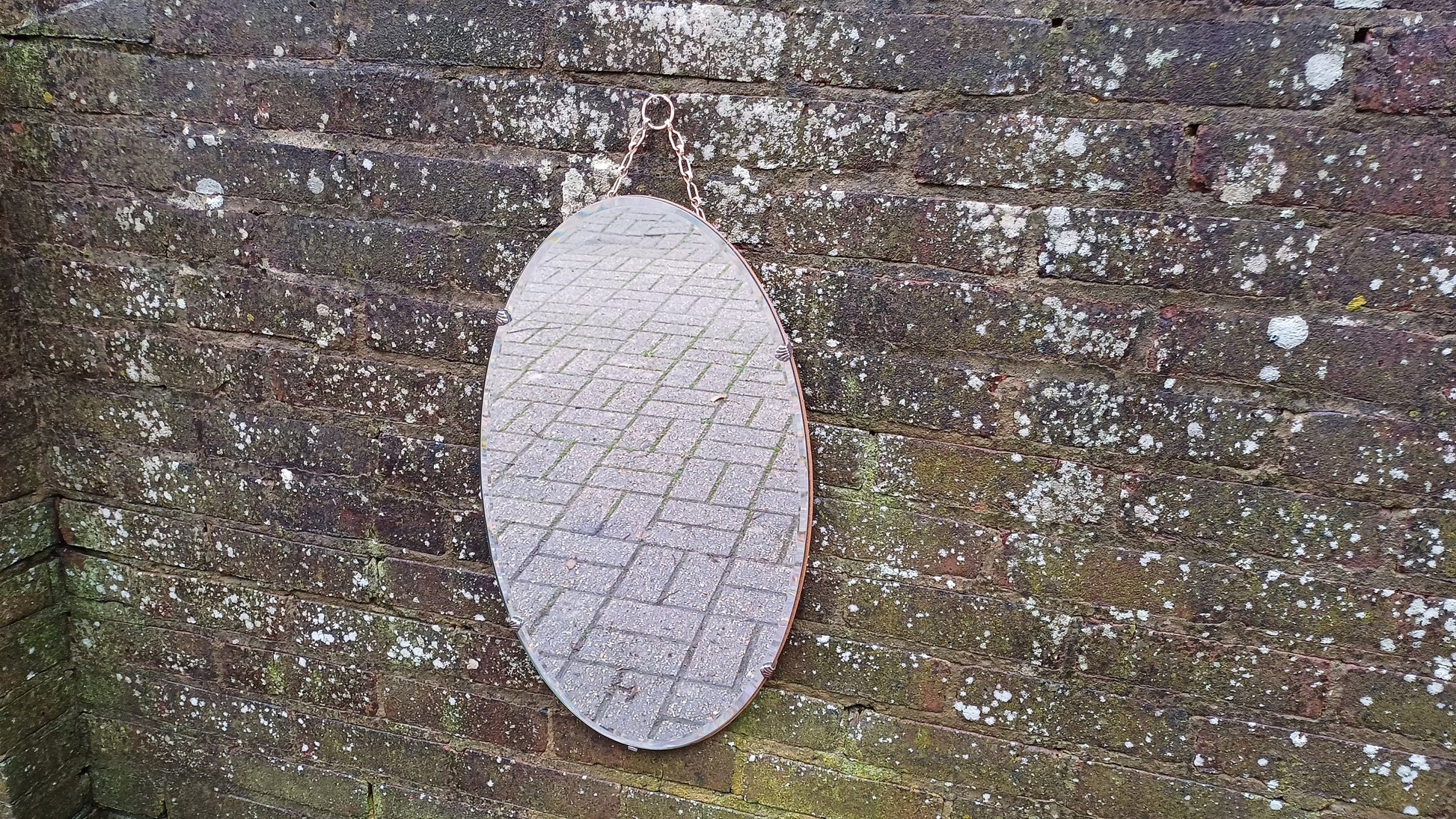 Vintage Retro Oval 1950s Frameless Mirror Bevelled Edges. Chrome Clips.
