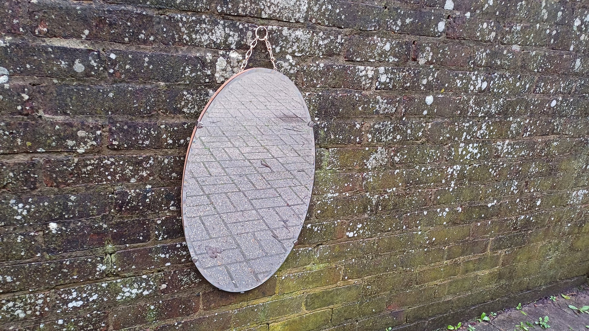 Vintage Retro Oval 1950s Frameless Mirror Bevelled Edges. Chrome Clips.