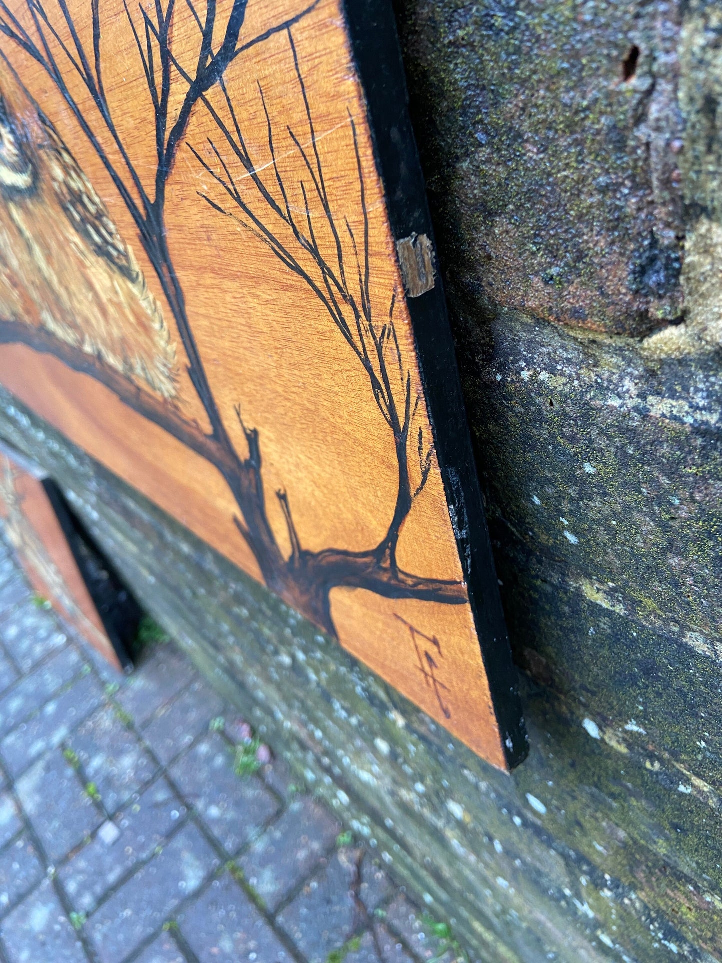 Two Vintage Blockwood Acrylic Paintings of Owls Portrait (Little Owls, Wildlife) - mixed media with pyrography (?) and acrylic paint