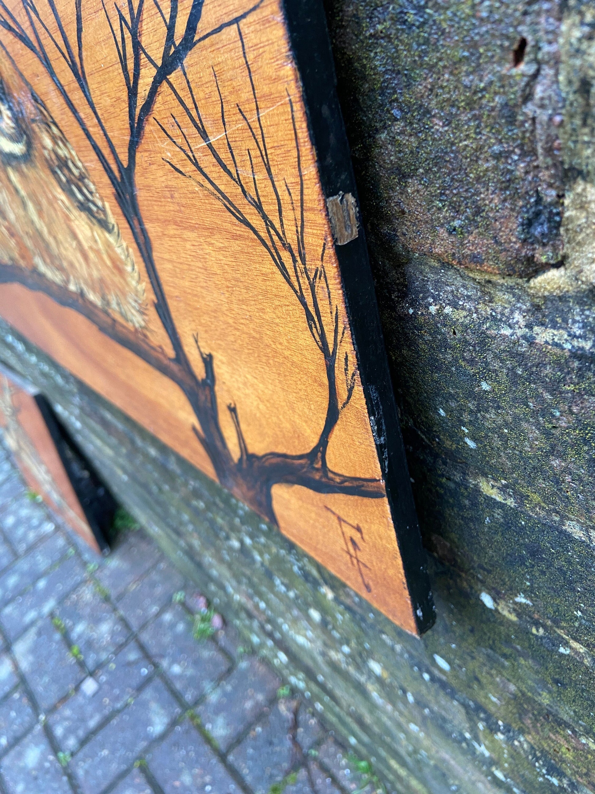 Two Vintage Blockwood Acrylic Paintings of Owls Portrait (Little Owls, Wildlife) - mixed media with pyrography (?) and acrylic paint