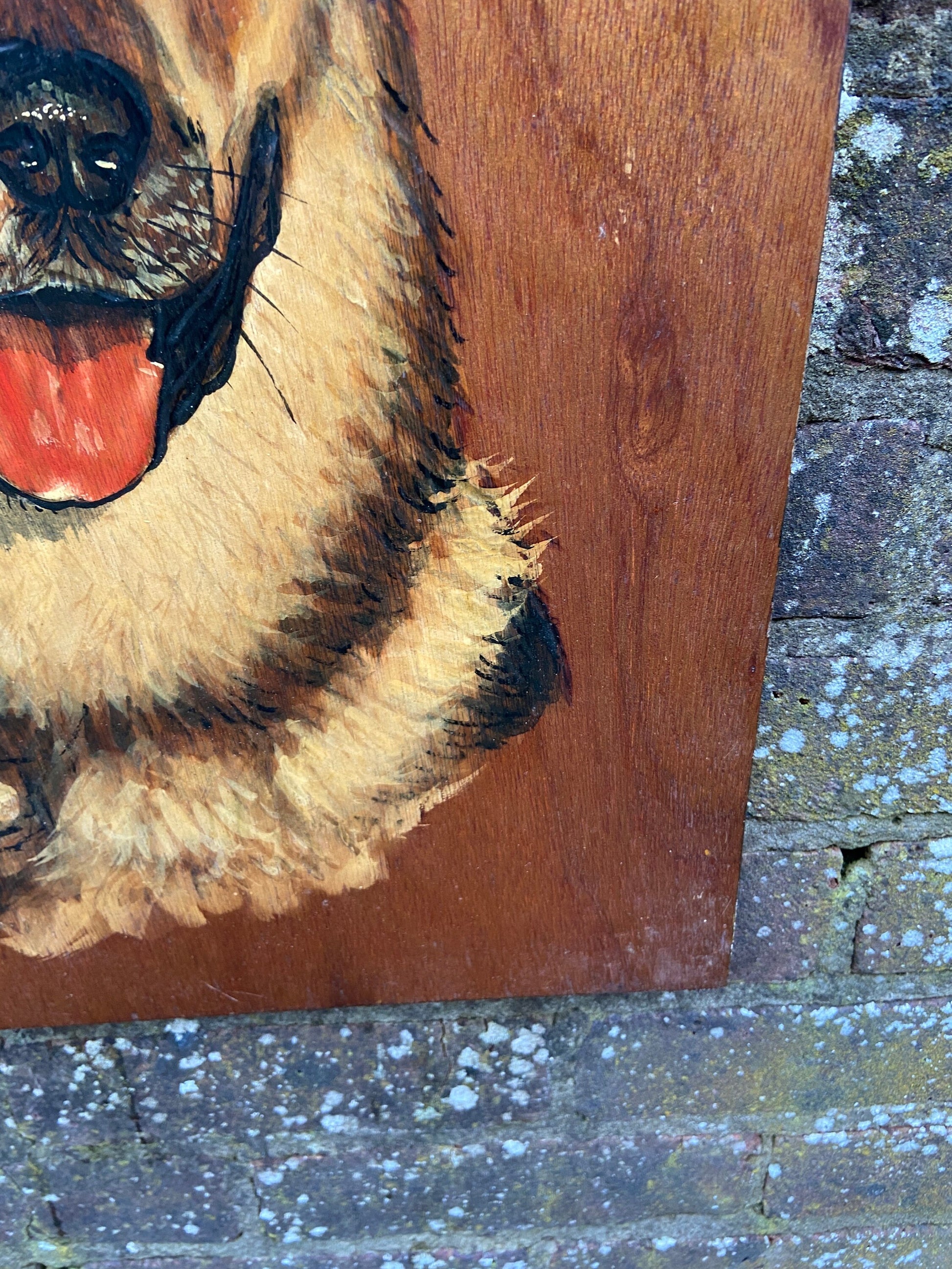 Vintage Blockwood Acrylic Painting of a German Shepherd / Alsation Dog Portrait - mixed media with pyrography (?) and acrylic paint