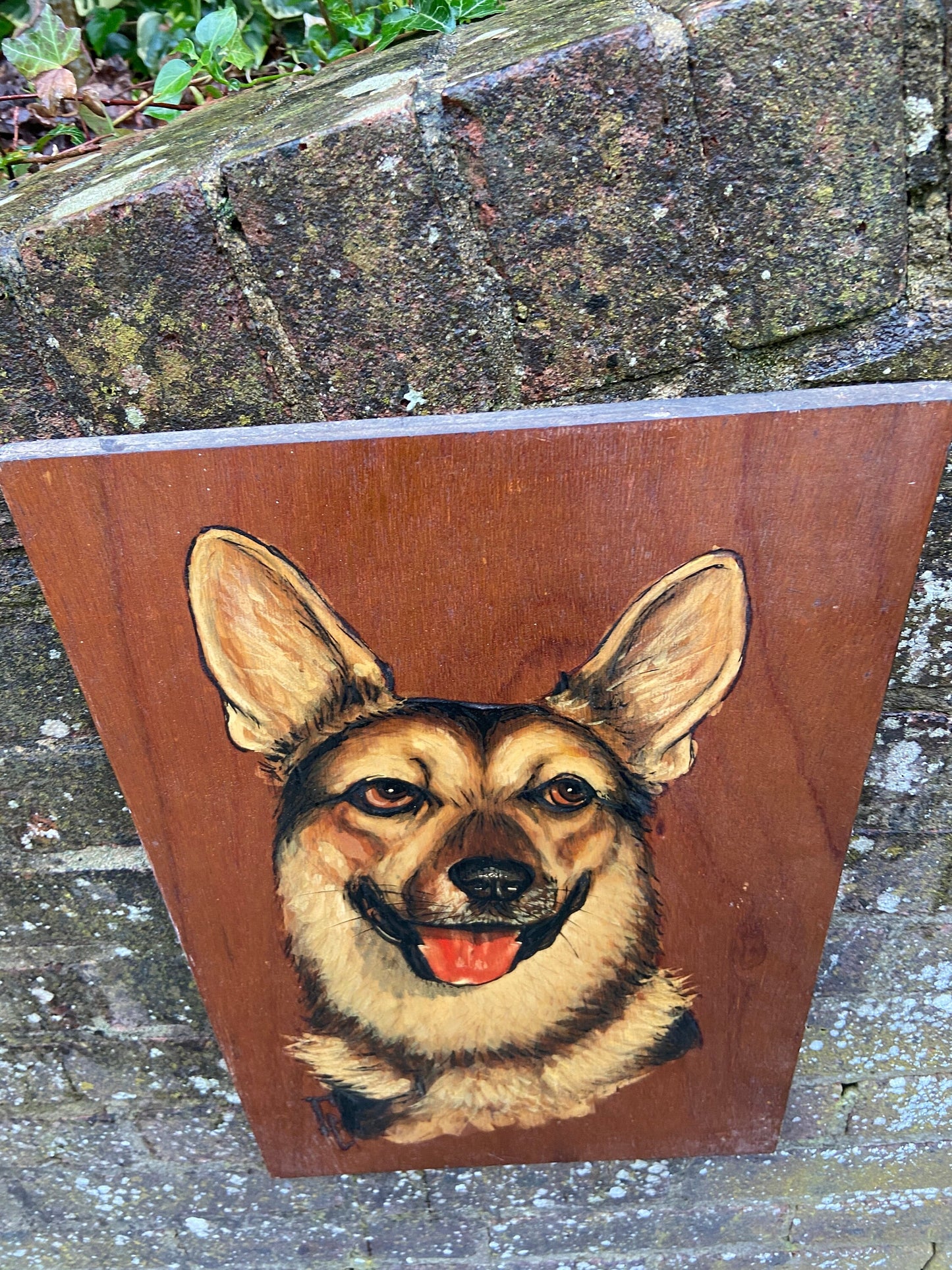 Vintage Blockwood Acrylic Painting of a German Shepherd / Alsation Dog Portrait - mixed media with pyrography (?) and acrylic paint