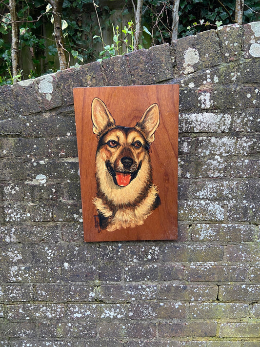german shepherd dog painted on wood