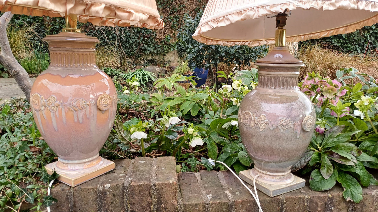 Pair of Huge Heavy Ceramic Lamp Lamps Glazed Pottery Lustre Finish and Glaze. Pleated Silk Effect Lampshades.