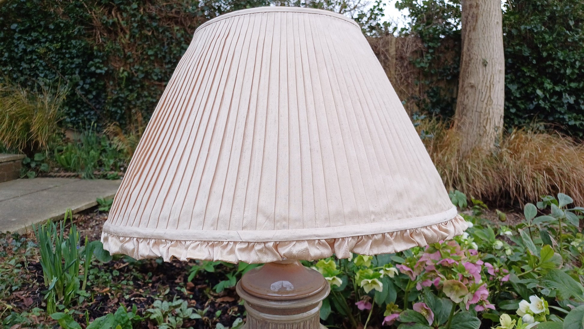 Pair of Huge Heavy Ceramic Lamp Lamps Glazed Pottery Lustre Finish and Glaze. Pleated Silk Effect Lampshades.