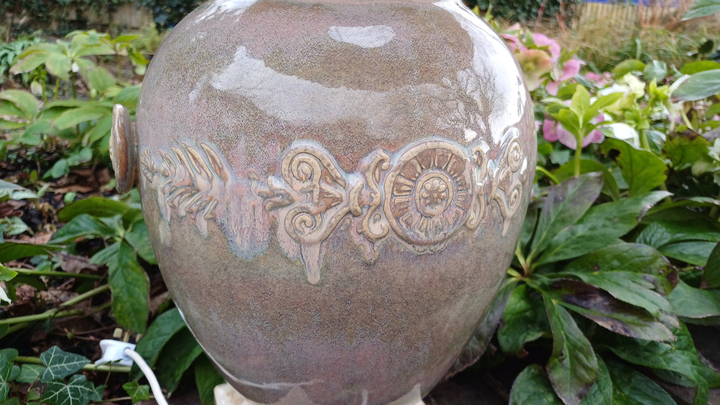 Pair of Huge Heavy Ceramic Lamp Lamps Glazed Pottery Lustre Finish and Glaze. Pleated Silk Effect Lampshades.