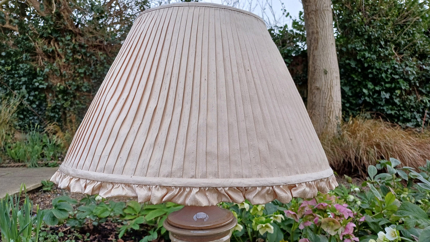 Huge Heavy Ceramic Lamp Glazed Pottery Lustre Finish and Glaze. Pleated Silk Effect Lampshade.
