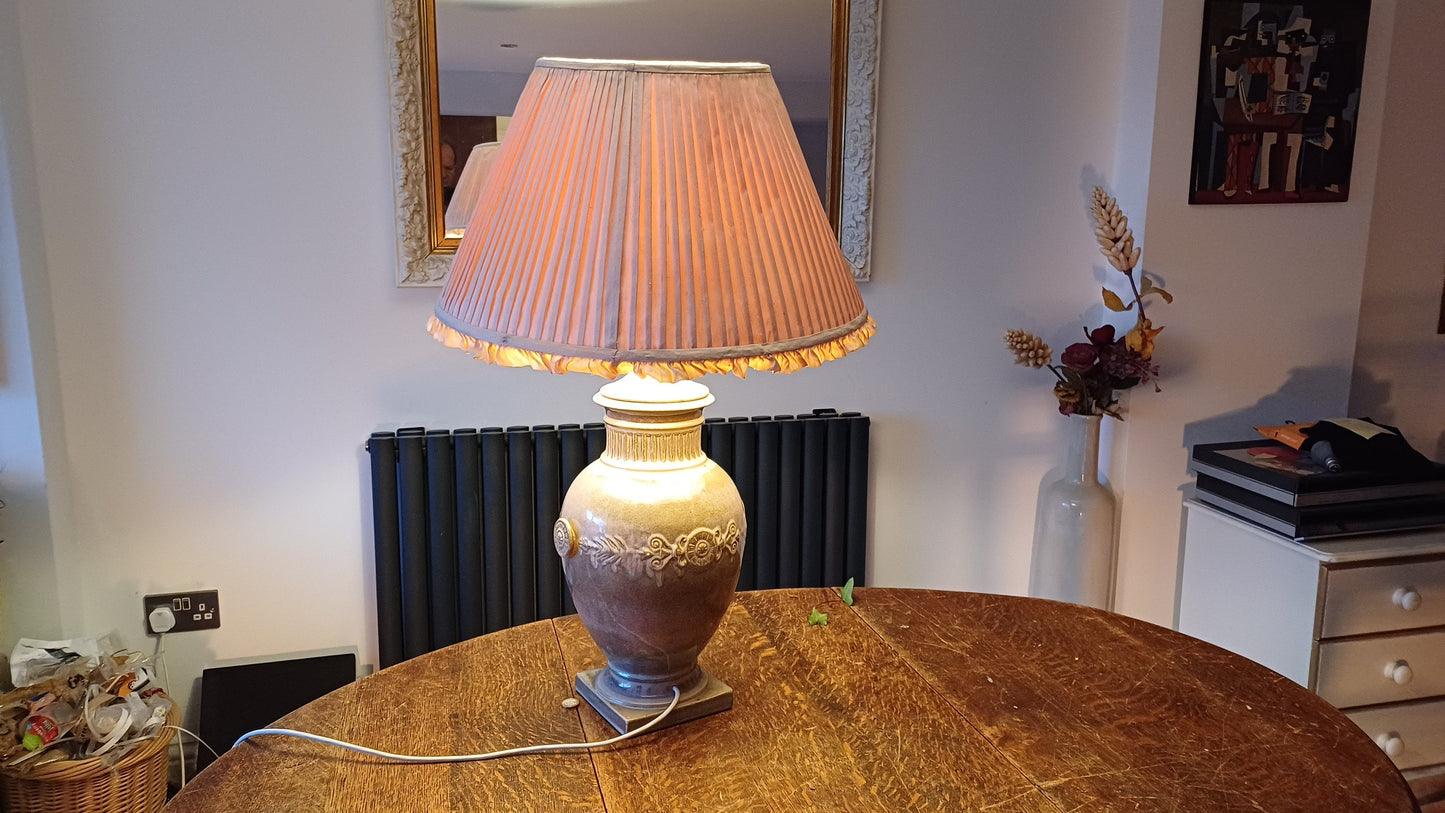 Huge Heavy Ceramic Lamp Glazed Pottery Lustre Finish and Glaze. Pleated Silk Effect Lampshade.