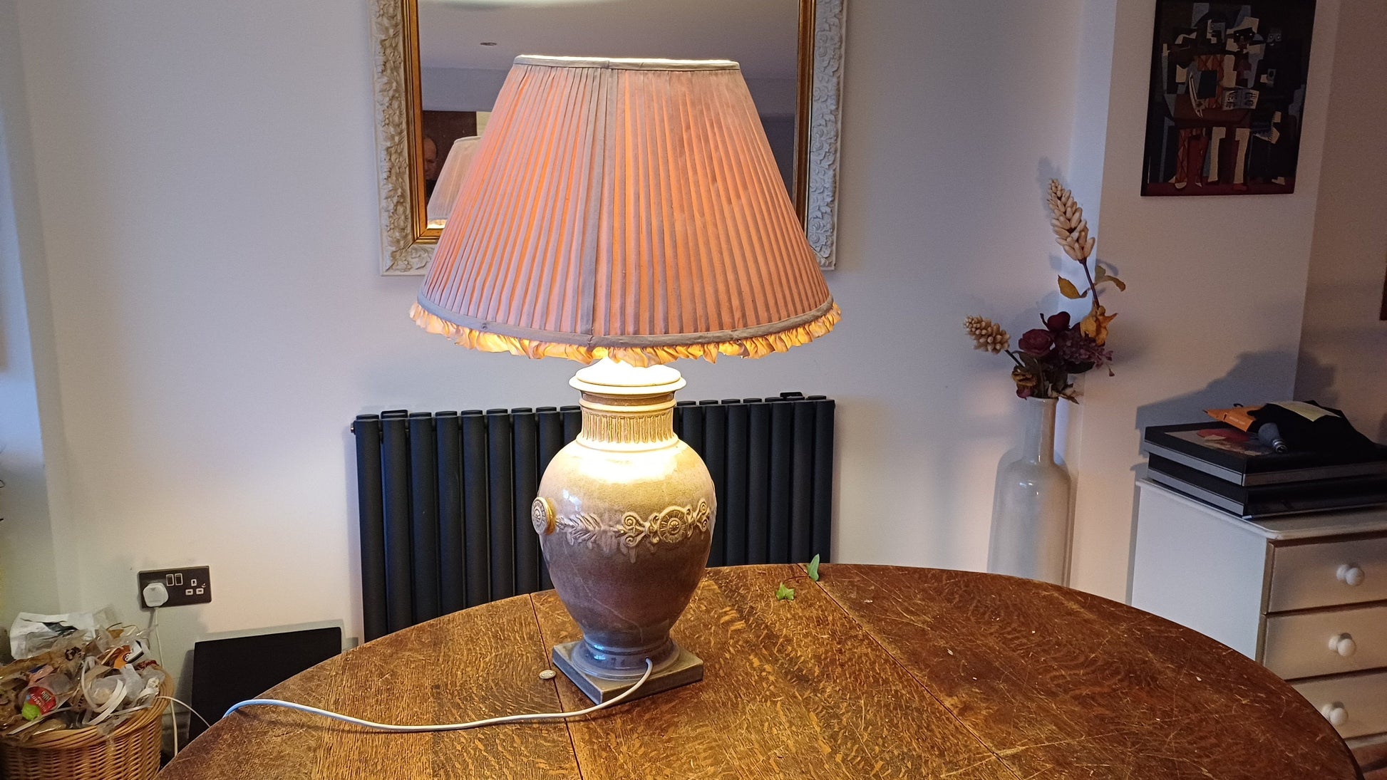 Huge Heavy Ceramic Lamp Glazed Pottery Lustre Finish and Glaze. Pleated Silk Effect Lampshade.