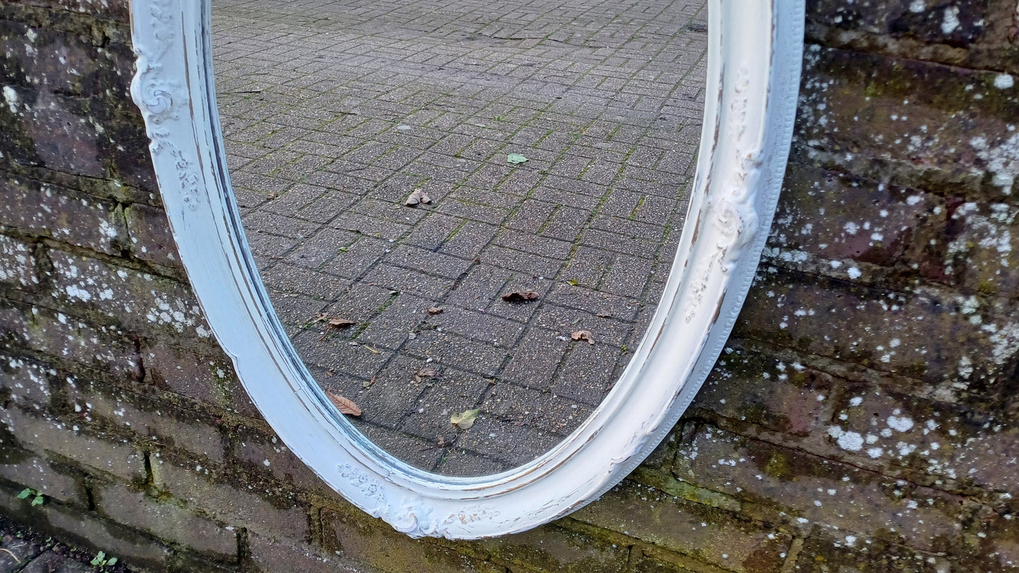 Large Bespoke Painted Oval Shabby Chic Wall Mirror in Farrow and Ball with Gold Decoration.
