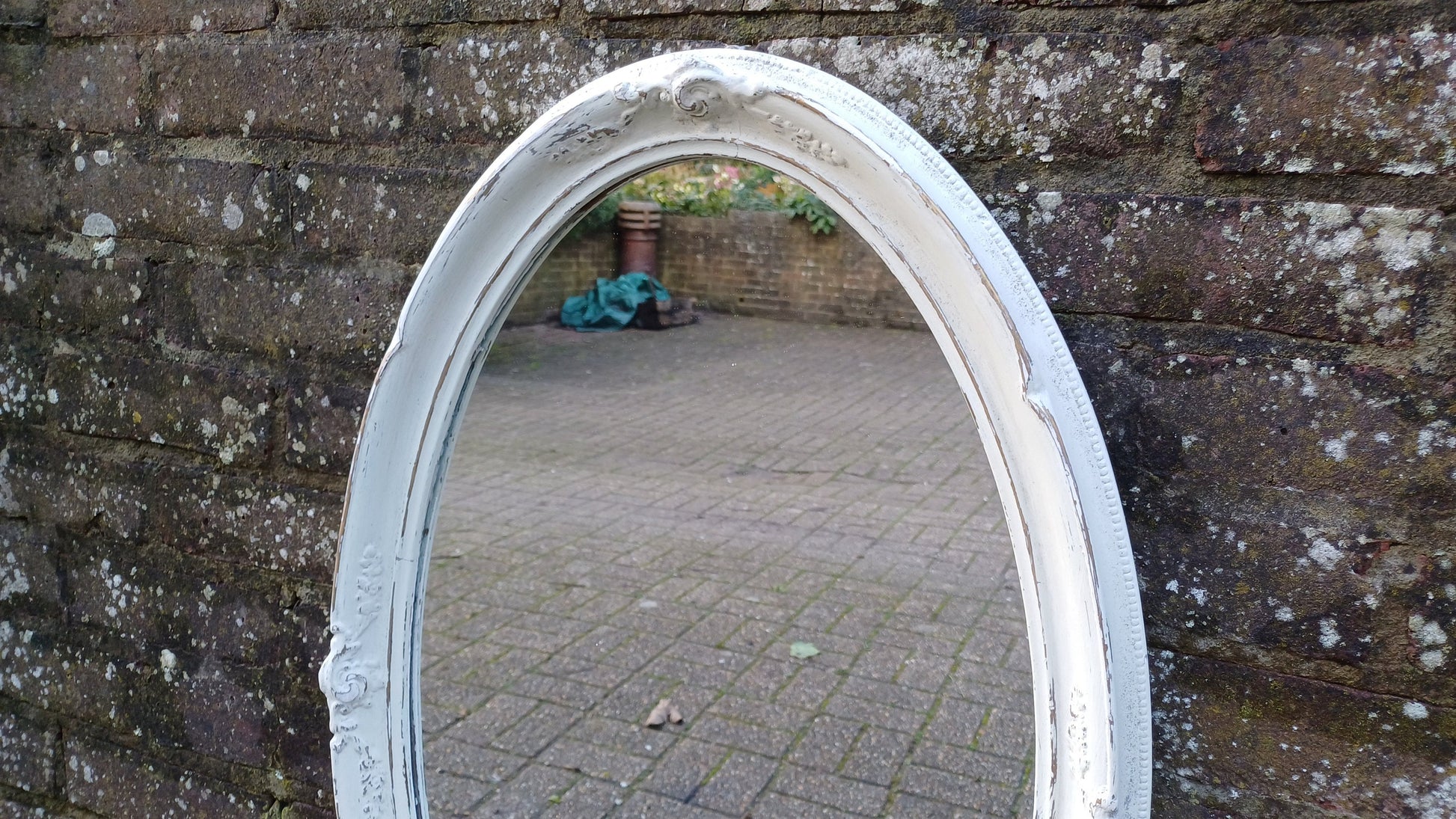 Large Bespoke Painted Oval Shabby Chic Wall Mirror in Farrow and Ball with Gold Decoration.
