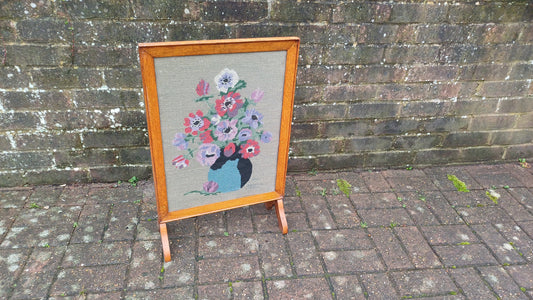 Vintage Solid Oak Fire Screen Guard with Still Life Tapestry Decoration.