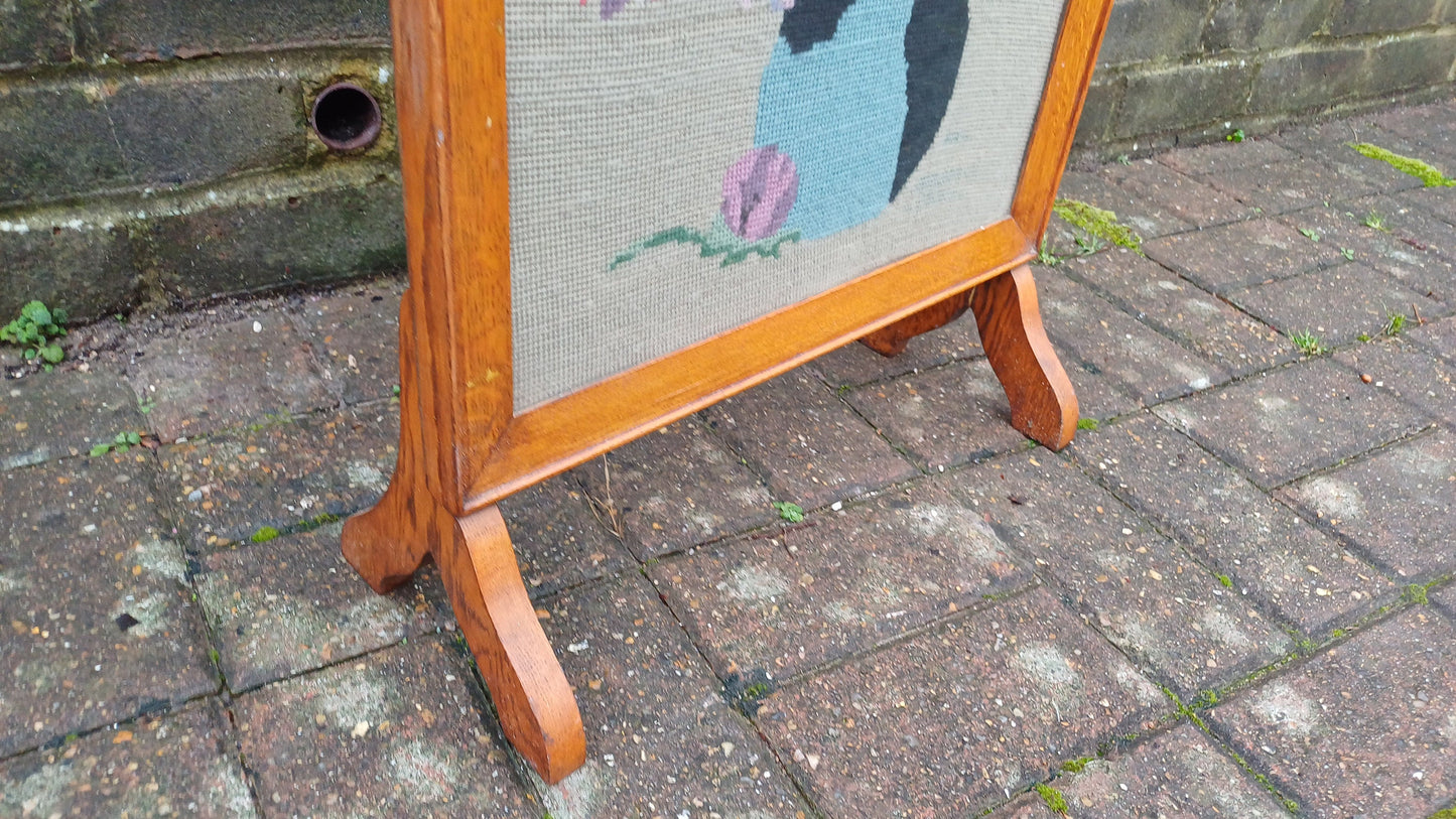 Vintage Solid Oak Fire Screen Guard with Still Life Tapestry Decoration.
