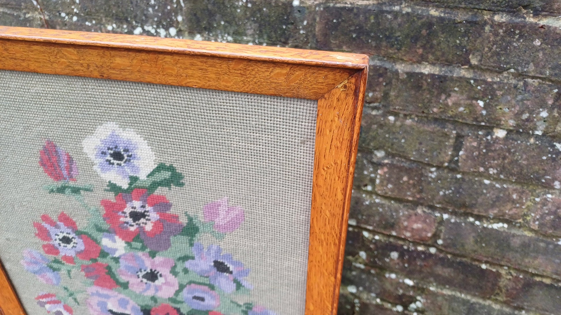 Vintage Solid Oak Fire Screen Guard with Still Life Tapestry Decoration.