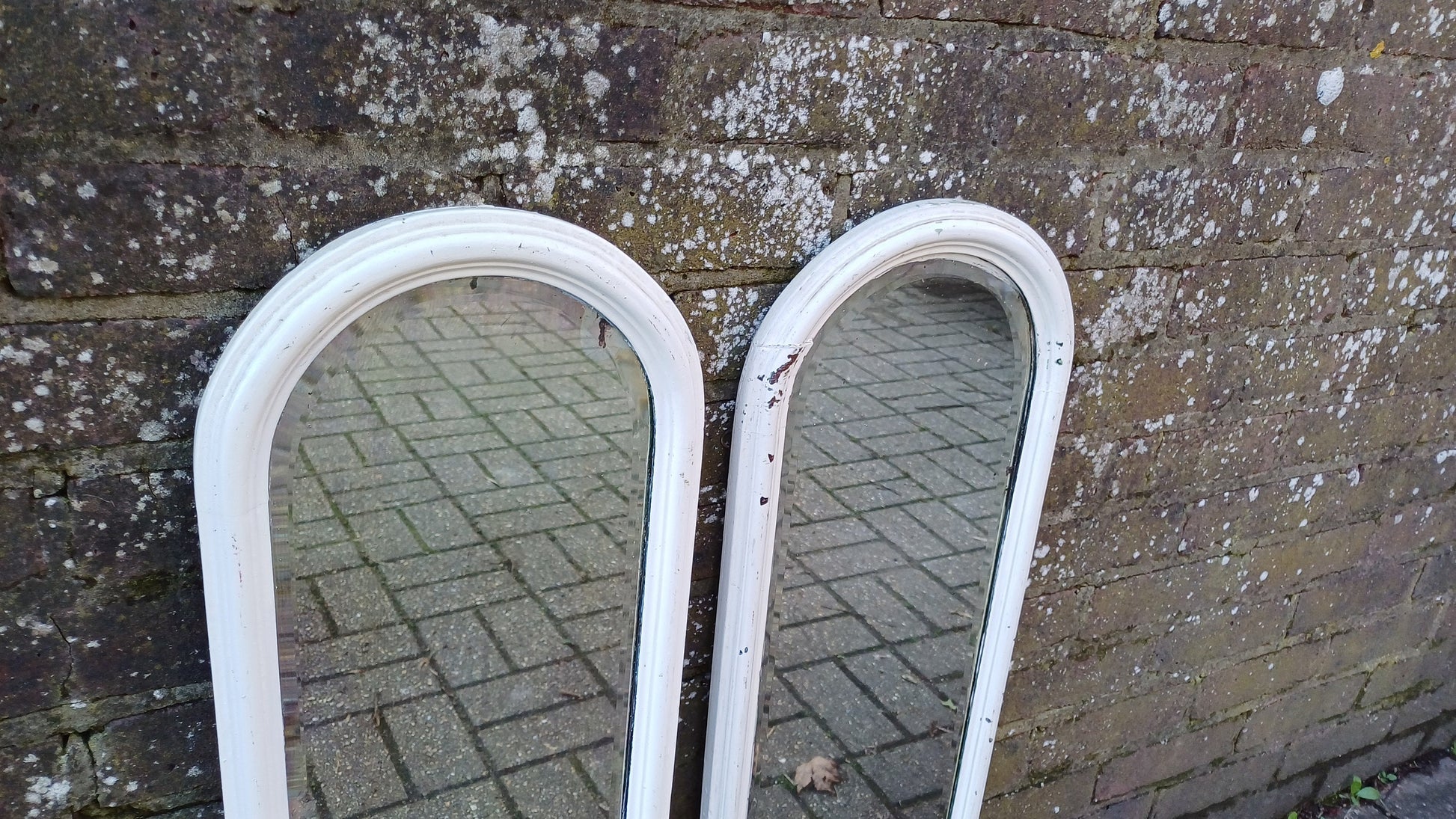 Pair of Long and Large Vintage Edwardian Shabby Chic Mirror Mahogany or Walnut. Bevelled Glass. 83 x 28 cm