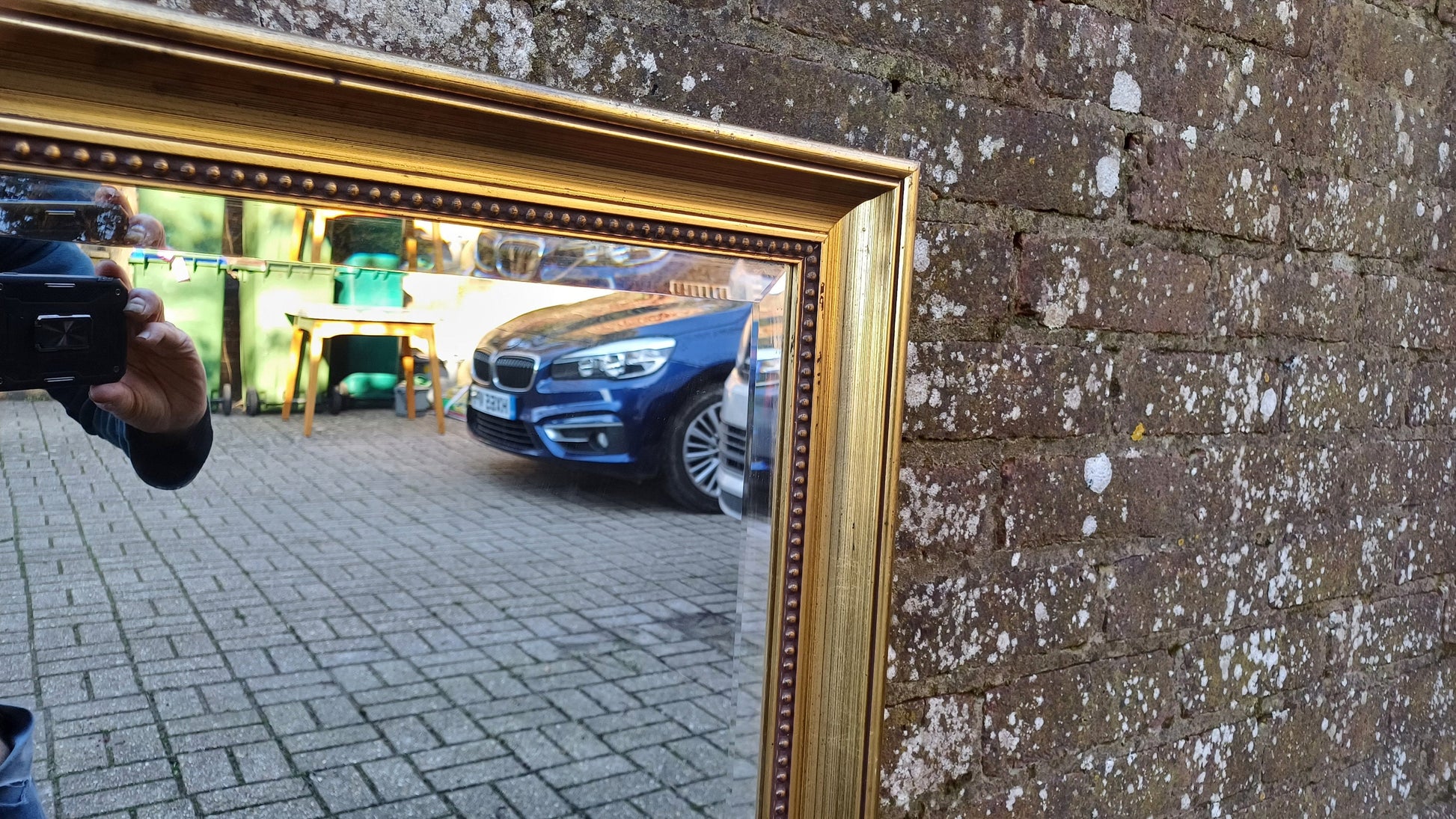 Huge Vintage 80’s Gold Distressed Finish Gold Gilt Wall Mirror. Bevelled Glass. 85 x 61 cm