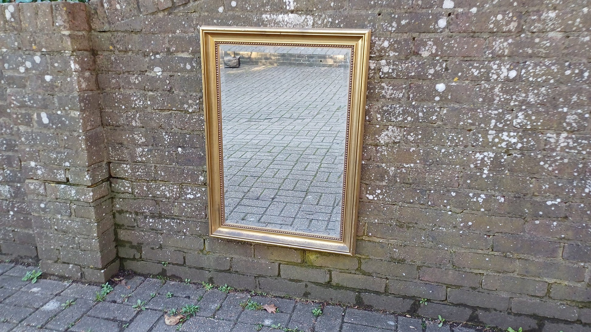 Huge Vintage 80’s Gold Distressed Finish Gold Gilt Wall Mirror. Bevelled Glass. 85 x 61 cm