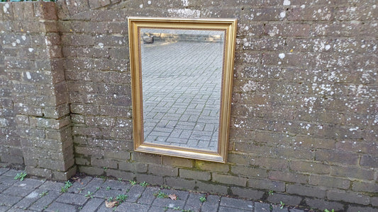 Huge Vintage 80’s Gold Distressed Finish Gold Gilt Wall Mirror. Bevelled Glass. 85 x 61 cm