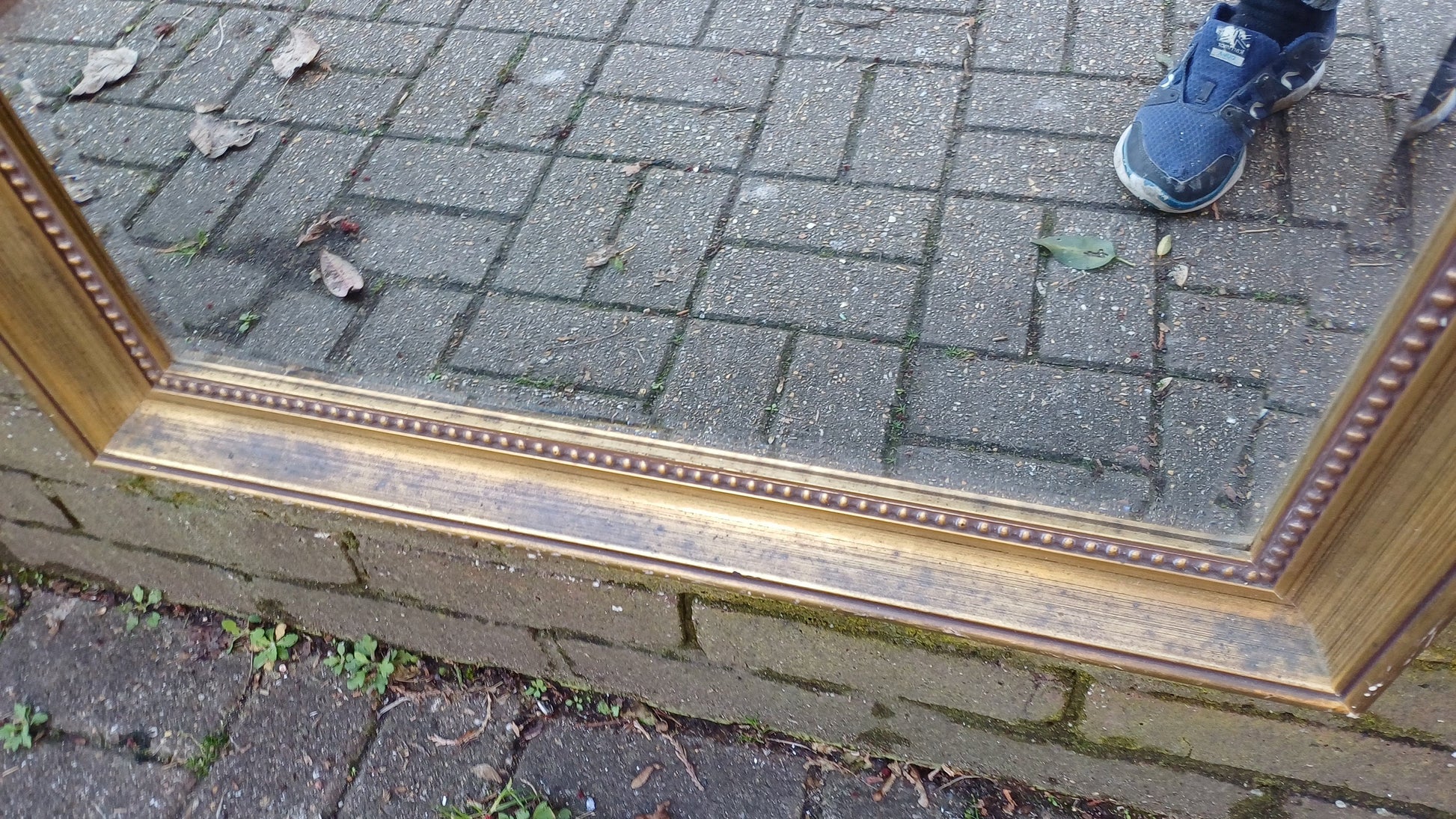 Huge Vintage 80’s Gold Distressed Finish Gold Gilt Wall Mirror. Bevelled Glass. 85 x 61 cm