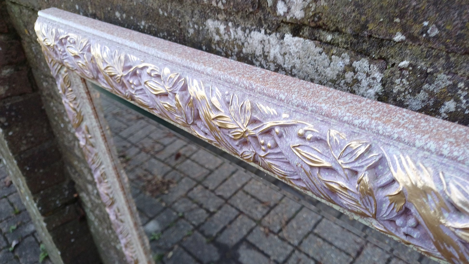 Quirky Leaves and Berries Huge Quality Vintage 90s Painted Mirror Pink Mottled Hues and Gold. Bevelled Glass.