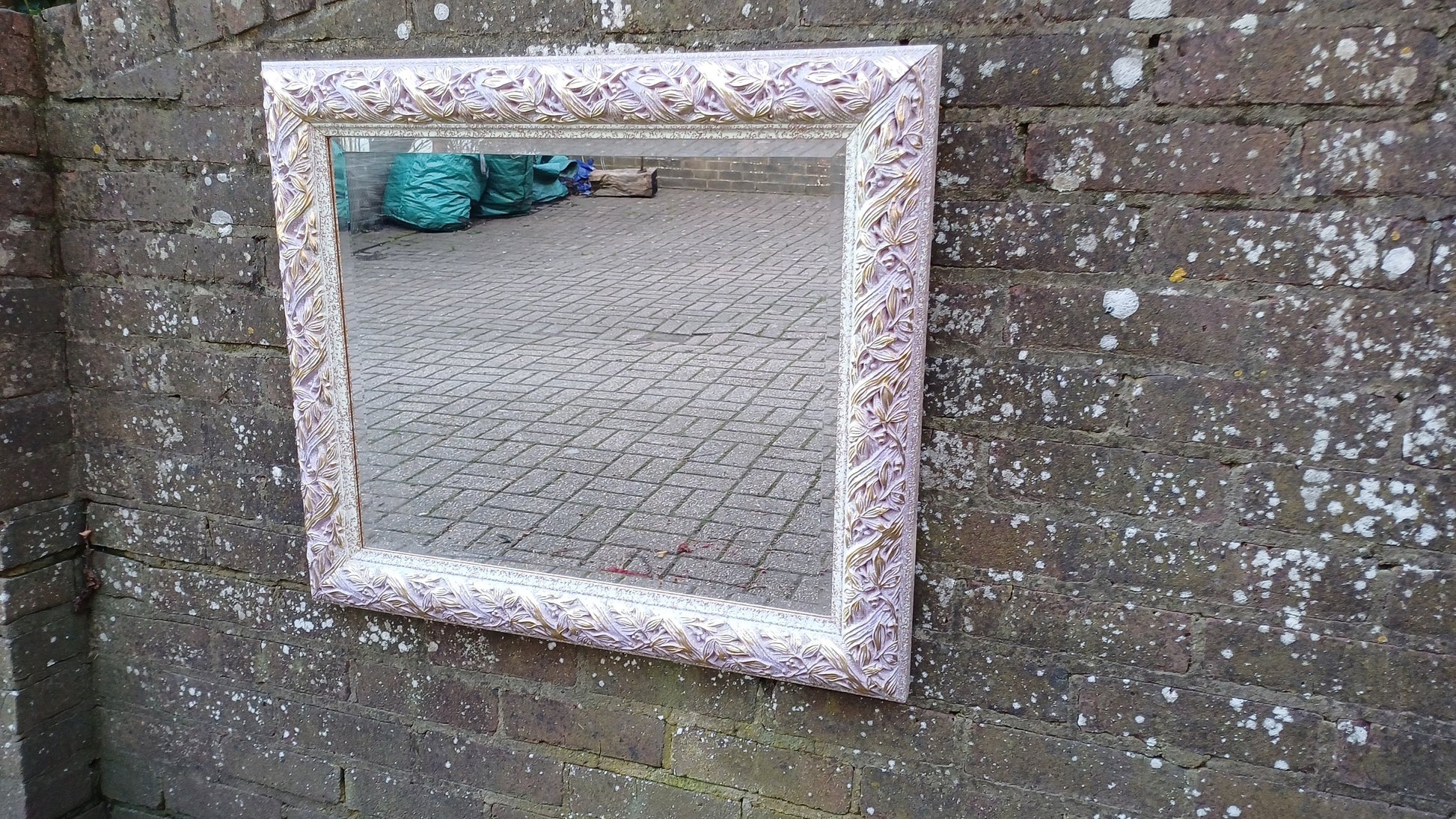 Quirky Leaves and Berries Huge Quality Vintage 90s Painted Mirror Pink Mottled Hues and Gold. Bevelled Glass.