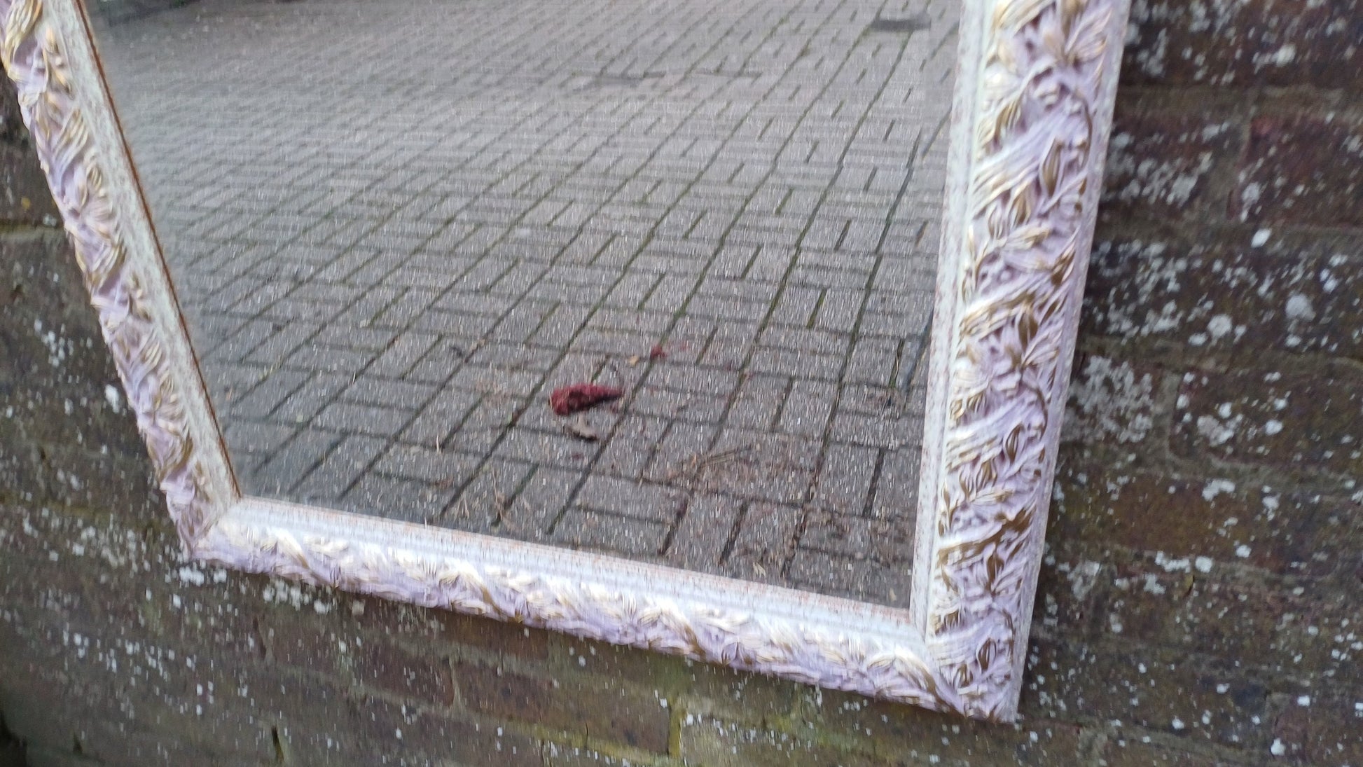 Quirky Leaves and Berries Huge Quality Vintage 90s Painted Mirror Pink Mottled Hues and Gold. Bevelled Glass.