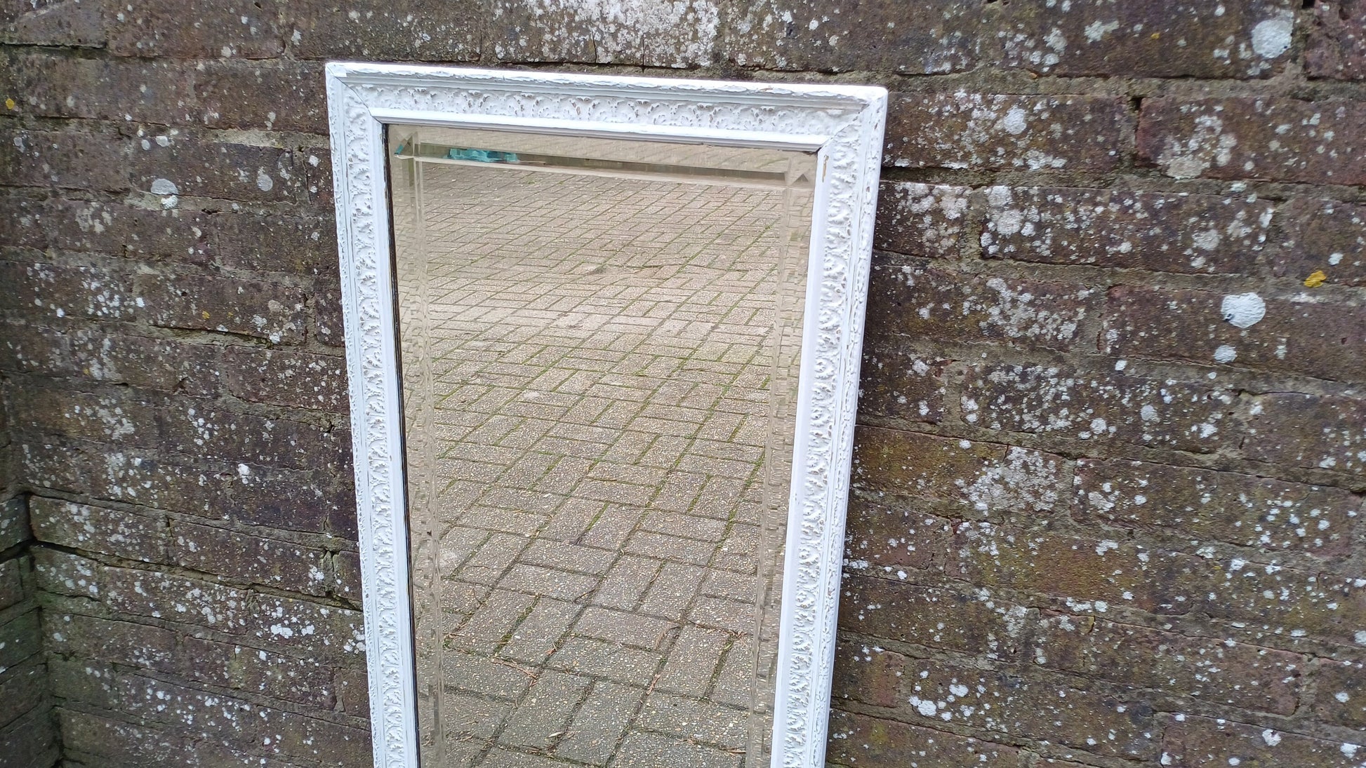 Very Large Genuine Vintage Painted Shabby Chic Wall Mirror in Farrow and Ball Unusual Inner Bevelled Decoration Free Hand Delivery 102 cm