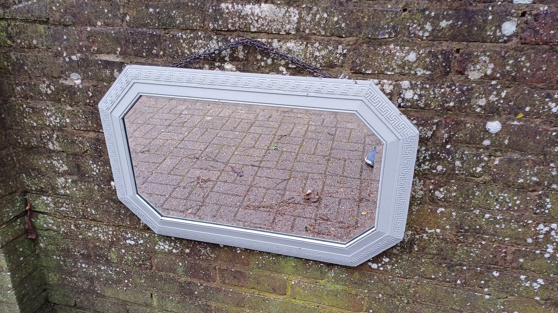 Bespoke Upcycled Large Light Green Painted Hexagonal Quality Oak Mirror. 1930s. Bevelled Glass.