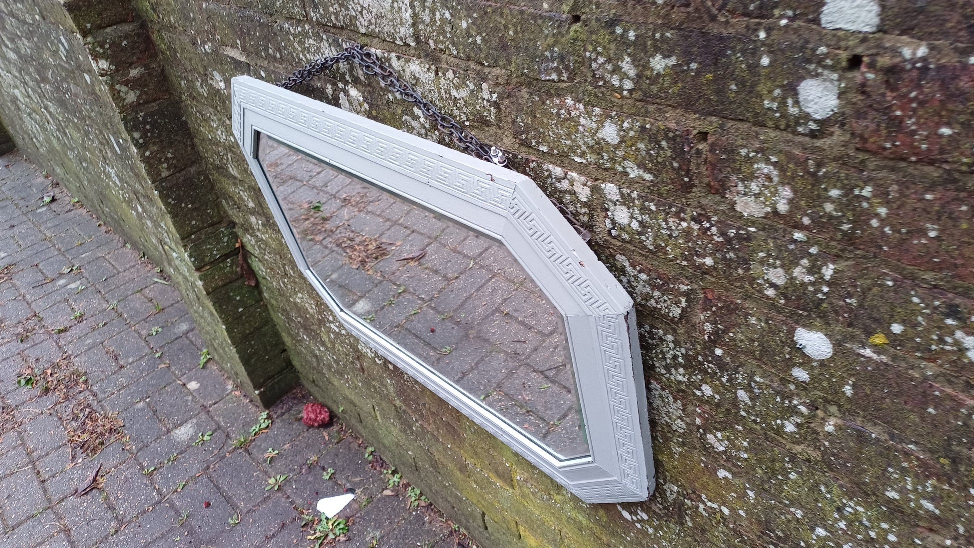 Bespoke Upcycled Large Light Green Painted Hexagonal Quality Oak Mirror. 1930s. Bevelled Glass.