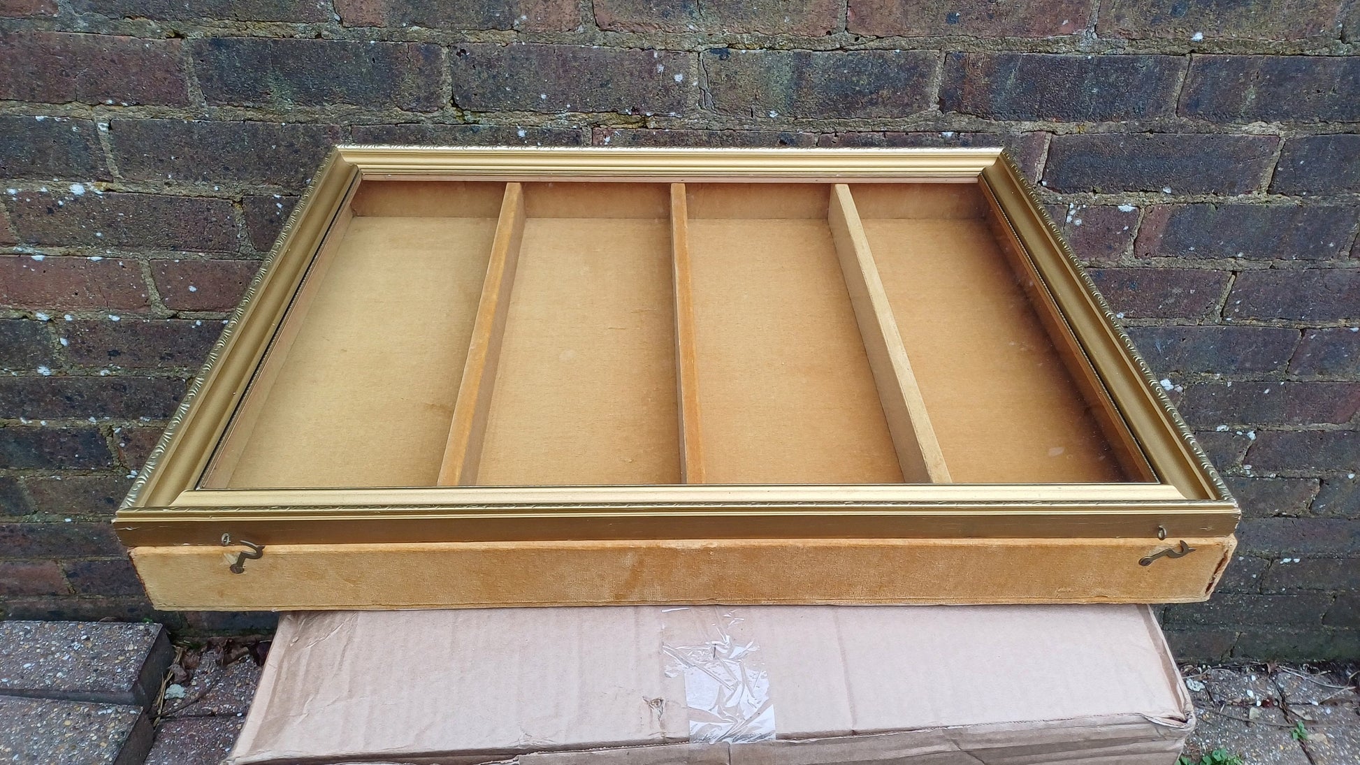 Vintage 70s Collector Jewellery Display Case Cupboard Gold and Velvet