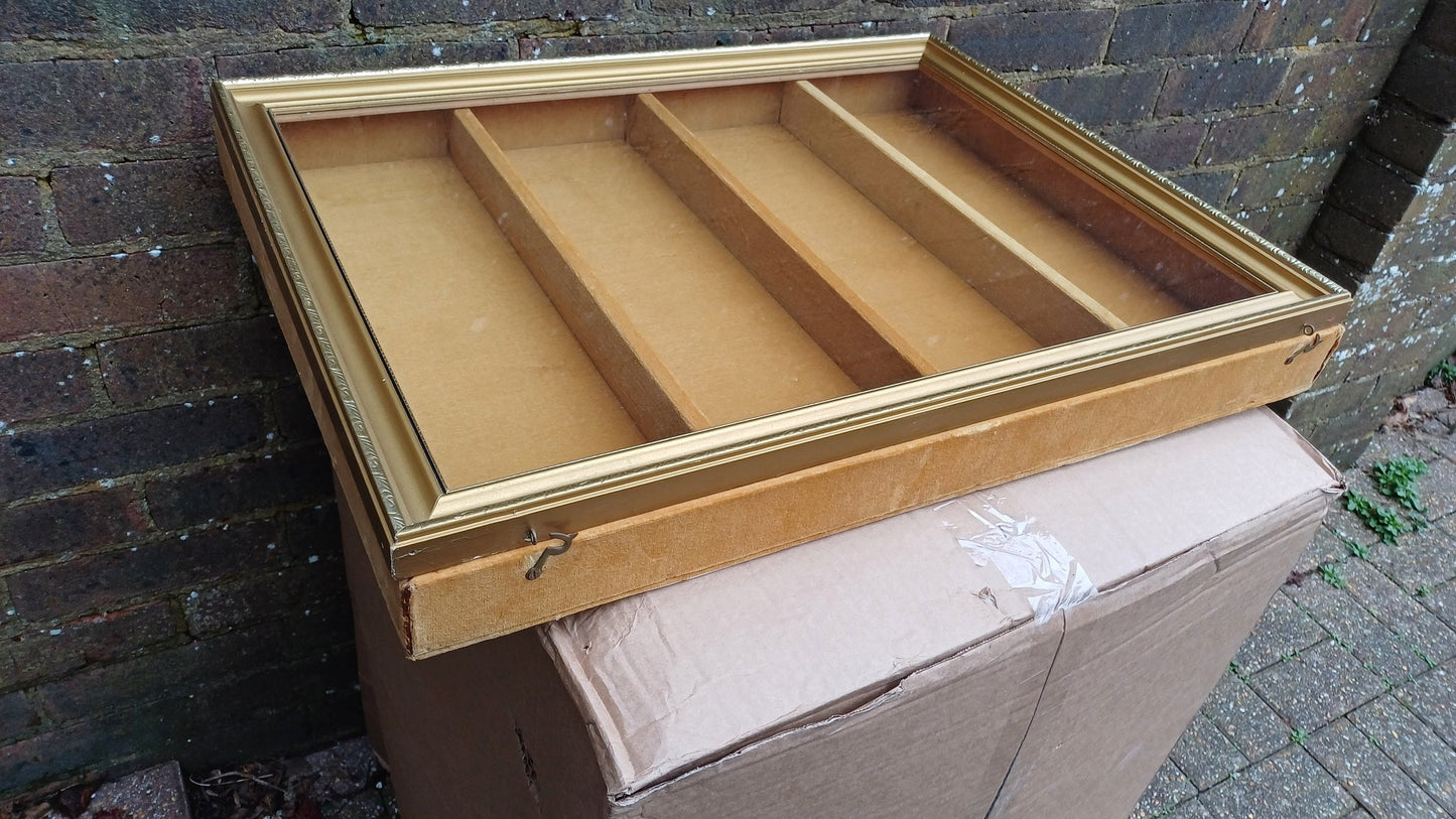 Vintage 70s Collector Jewellery Display Case Cupboard Gold and Velvet