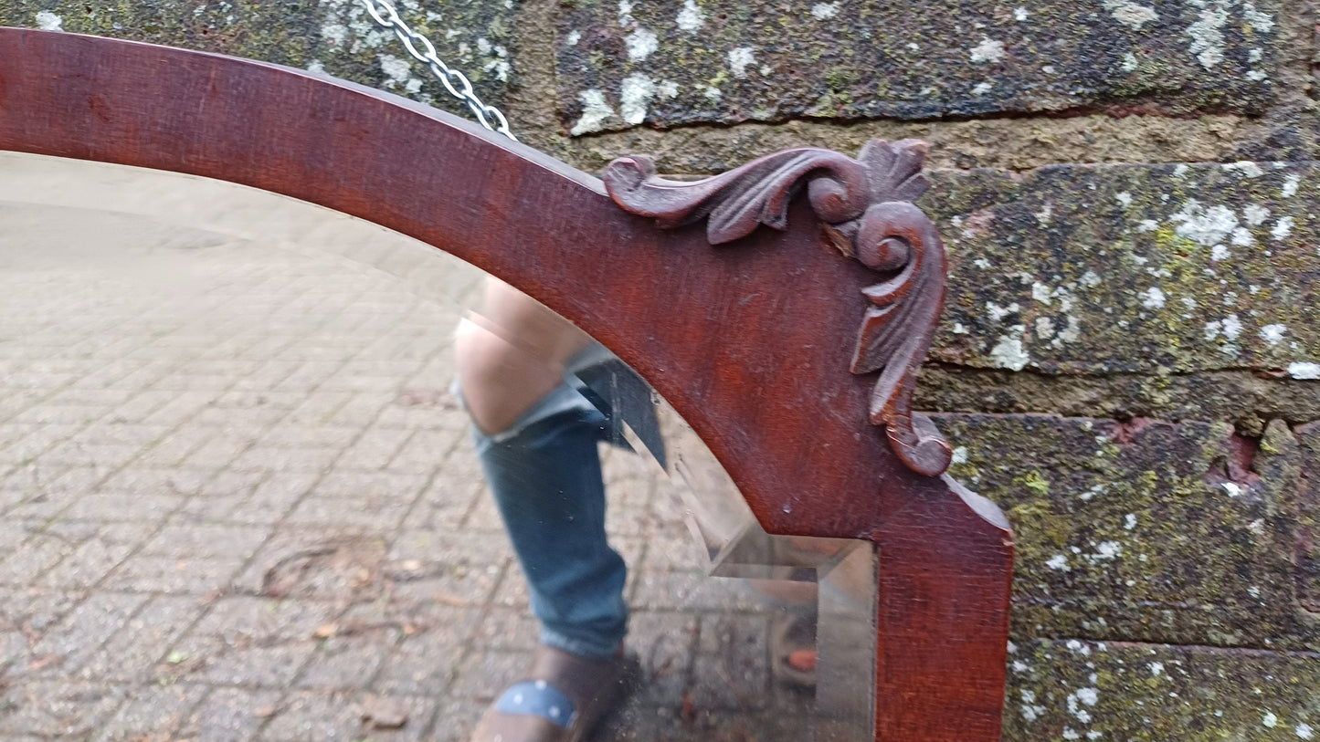 Large Quality Vintage 20s Mahogany Mirror Carved Detail Highlights Superb Heavy Bevelled Glass.