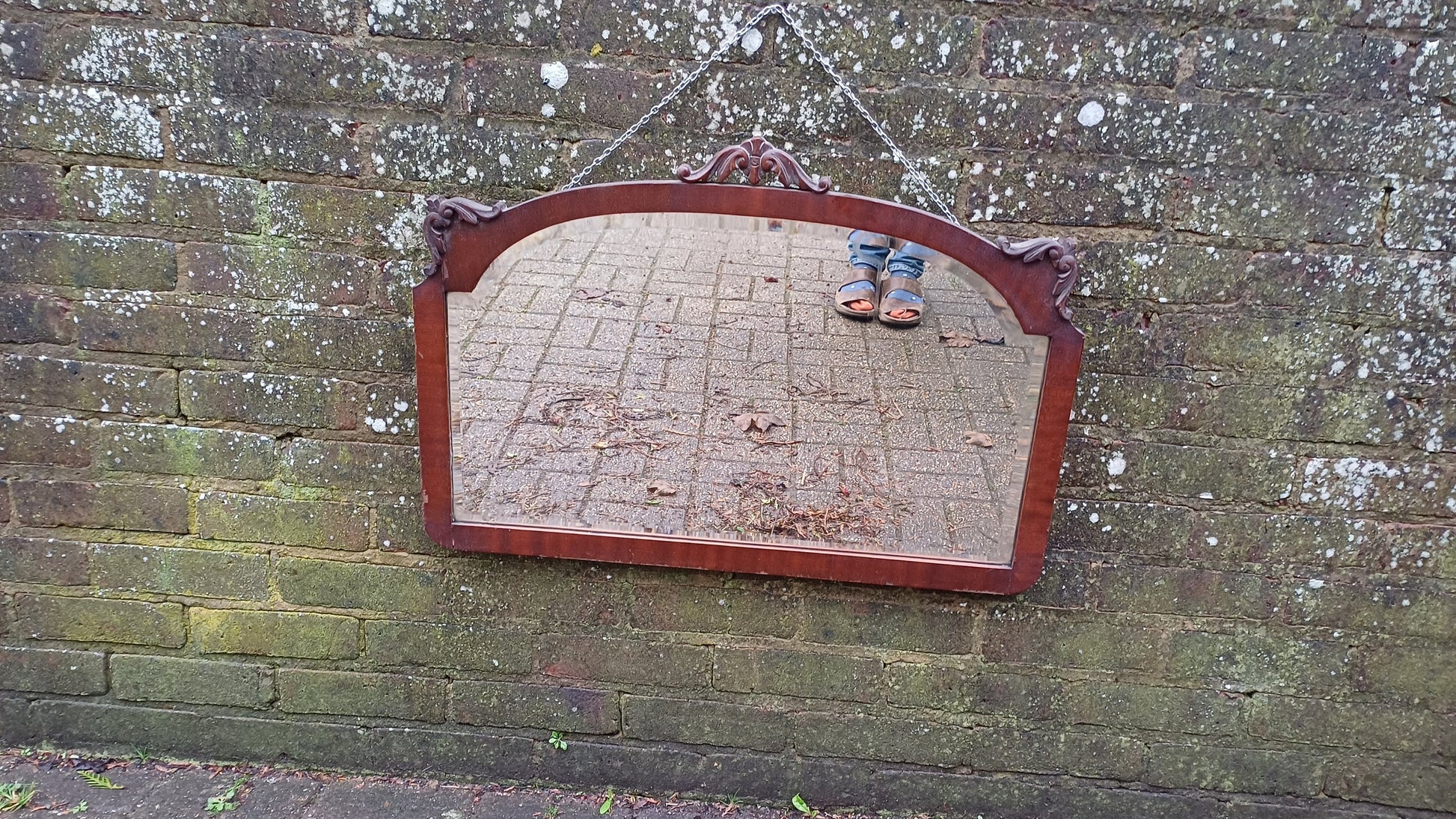 Large Quality Vintage 20s Mahogany Mirror Carved Detail Highlights Superb Heavy Bevelled Glass.