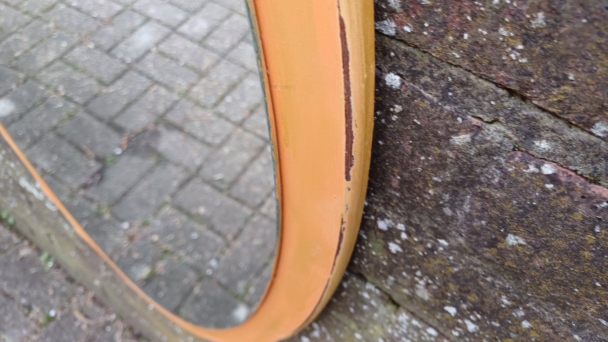 Unusual Bespoke Vintage Retro Oval Painted Orange and Gold Shaped Wall Mirror Hand Painted. Annie Sloan Barcelona Orange.